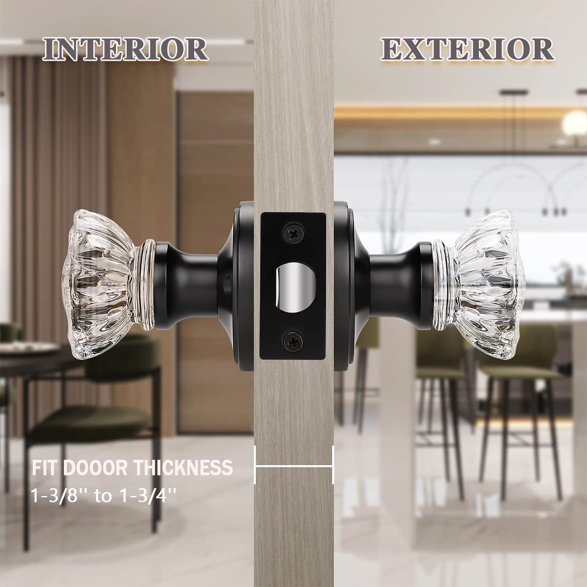 KNOBWELL 3-Pack Victorian Style Round Crystal Glass Door Knobs with Matte Black Rosettes - Passage, Hall & Closet Door Hardware Set - Perfect for Bedroom, Bathroom & Interior Doors
