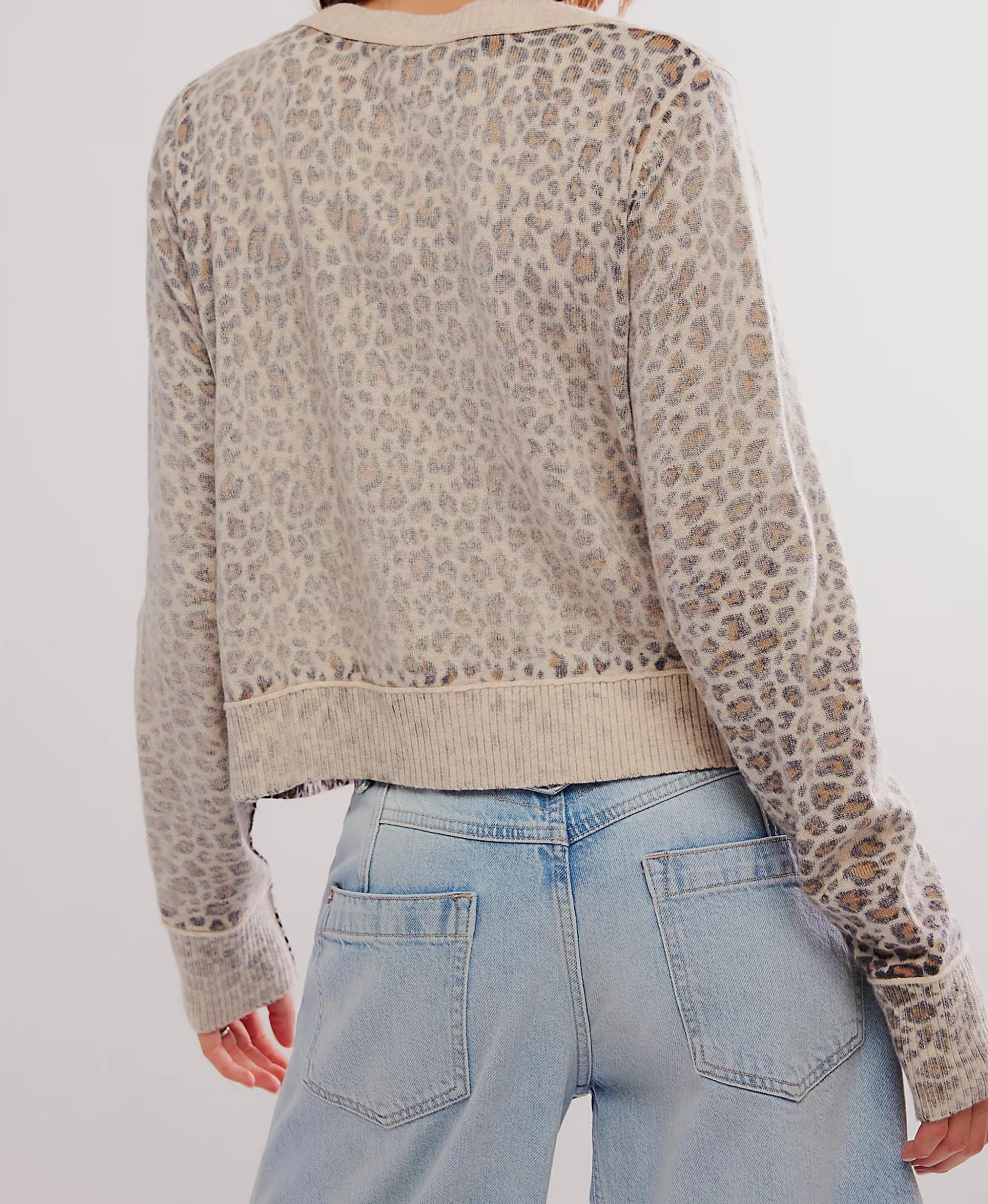 Women's Leopard Print Cropped Cardigan - Long Sleeve Open Front Button Down Knit Sweater | Casual Outfits, Office Wear & Fall Layering Essential