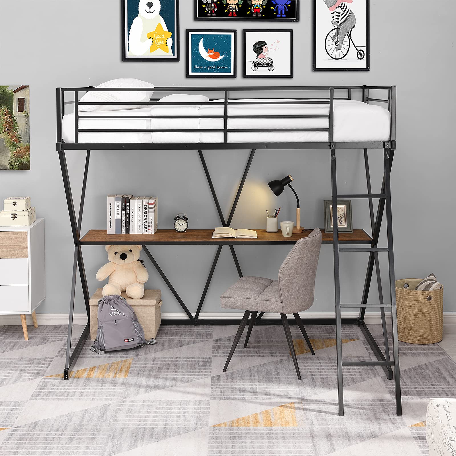 **Steel & MDF Twin Loft Bed with Desk & Ladder - Sturdy X-Shaped Frame & Full-Length Guardrails - Perfect for Kids' Bedroom, Dorm Room & Small Space Saving**