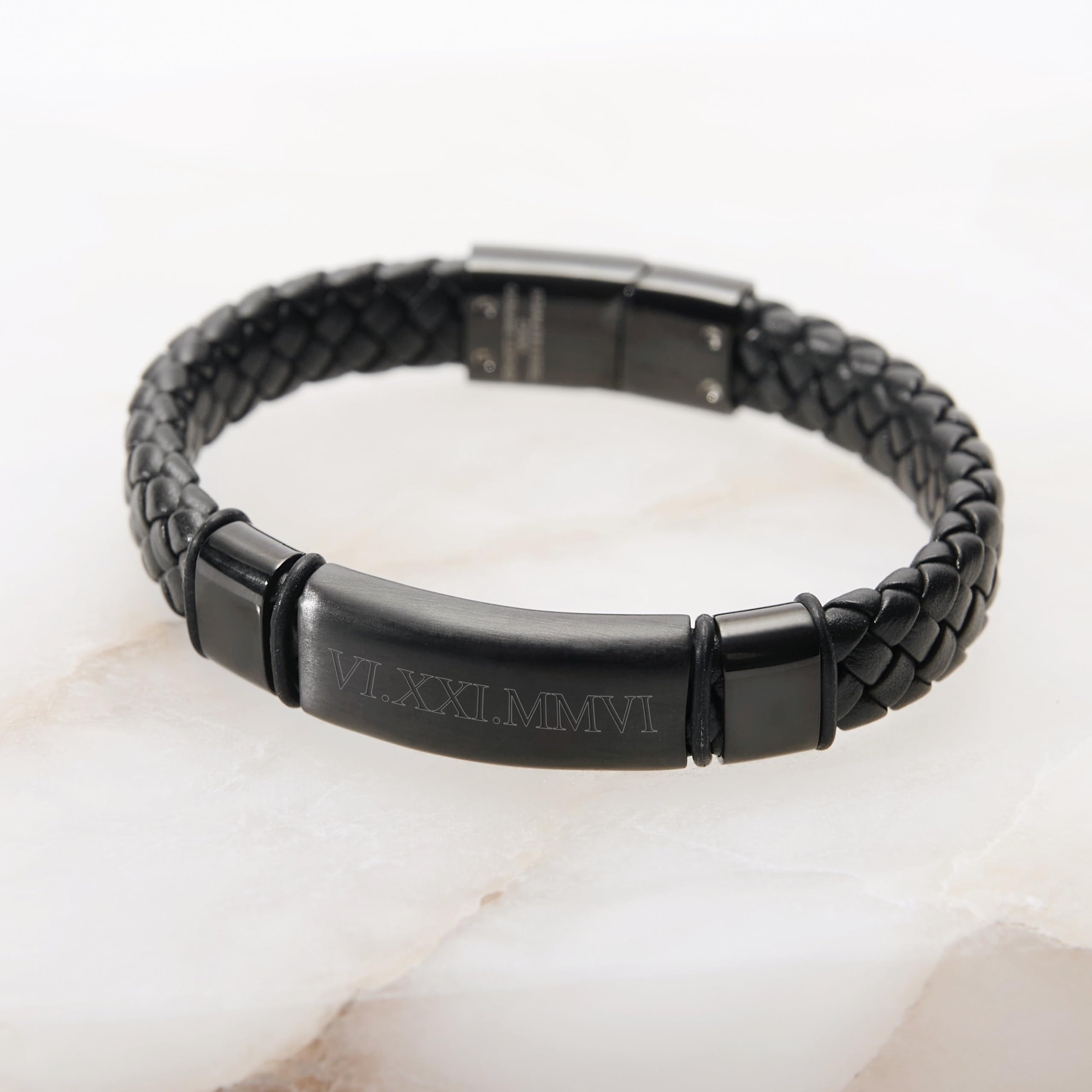 Custom Engraved Roman Numeral Matte Black Leather Bracelet for Men - Personalized Mens Bracelet Gift for Graduation, Dad, Boyfriend - Perfect for Weddings, Anniversaries & Special Occasions