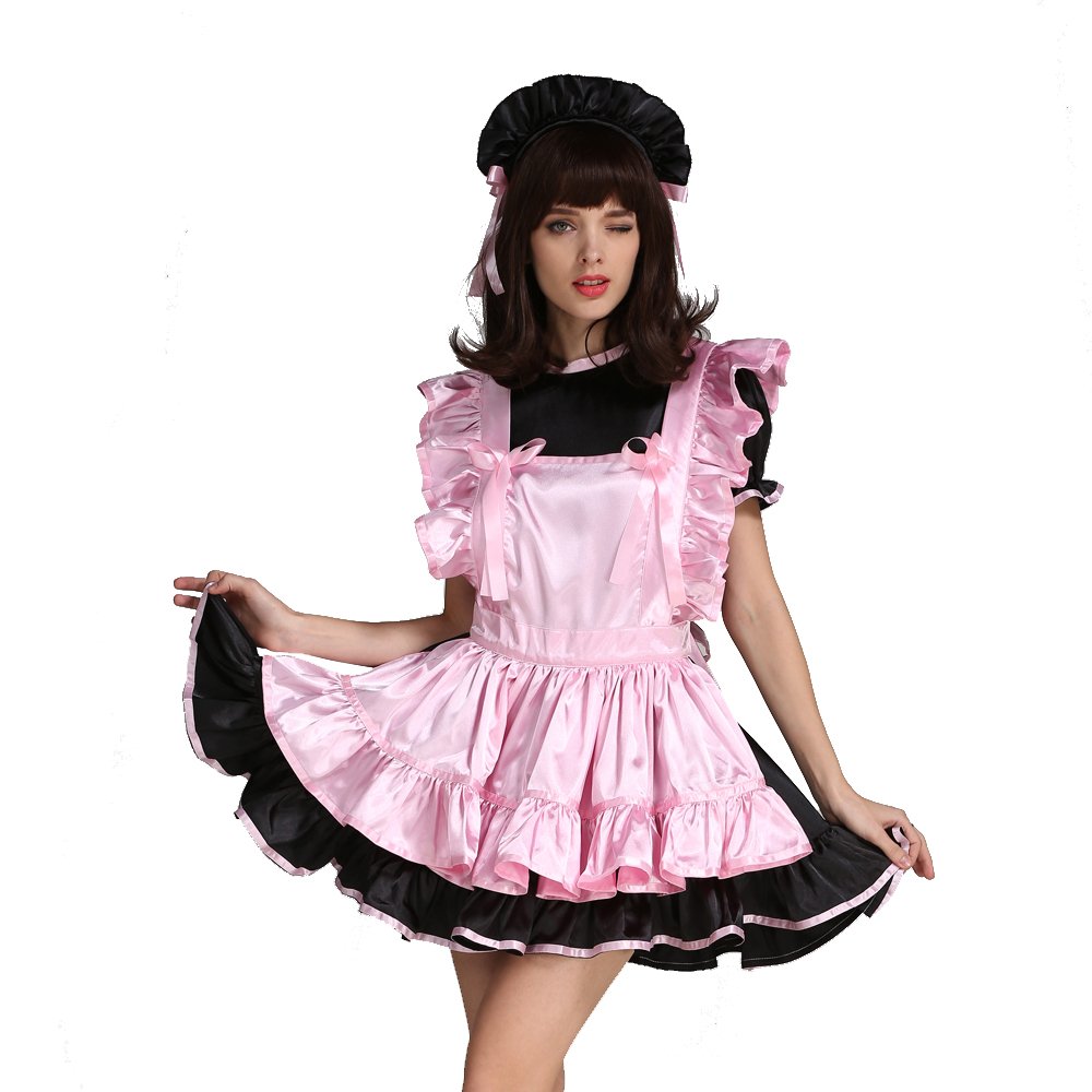 Sexy Women's Maid Costume - Pink & Black Satin Dress Uniform for Cosplay, Halloween, and Role Play - Perfect for Parties, Crossdressing, and Themed Events