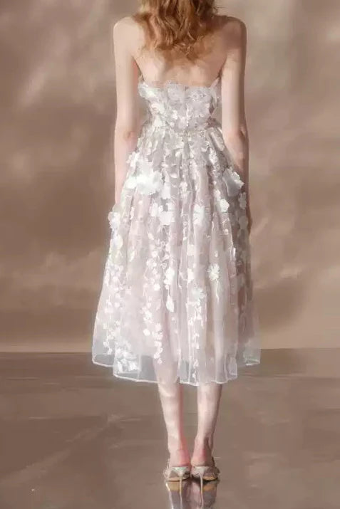 Anna Crystal Floral Embroidery Midi Dress - White | Elegant Summer Wedding Guest Dress & Casual Party Wear