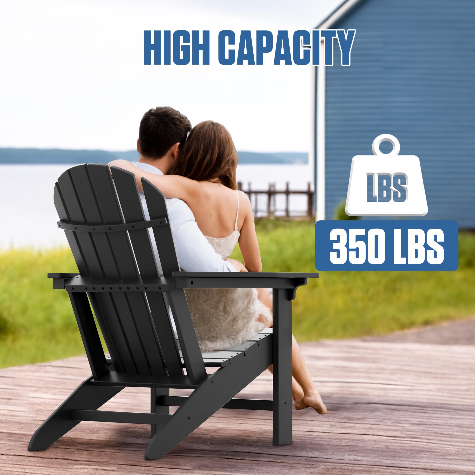 Premium Adirondack Chair - Heavy Duty HDPE Outdoor Lounge Chair for Patio, Garden, Pool & Deck - Weather Resistant & Durable Lawn Furniture (Black) - Perfect for Relaxing, Sunbathing & Outdoor Entertaining