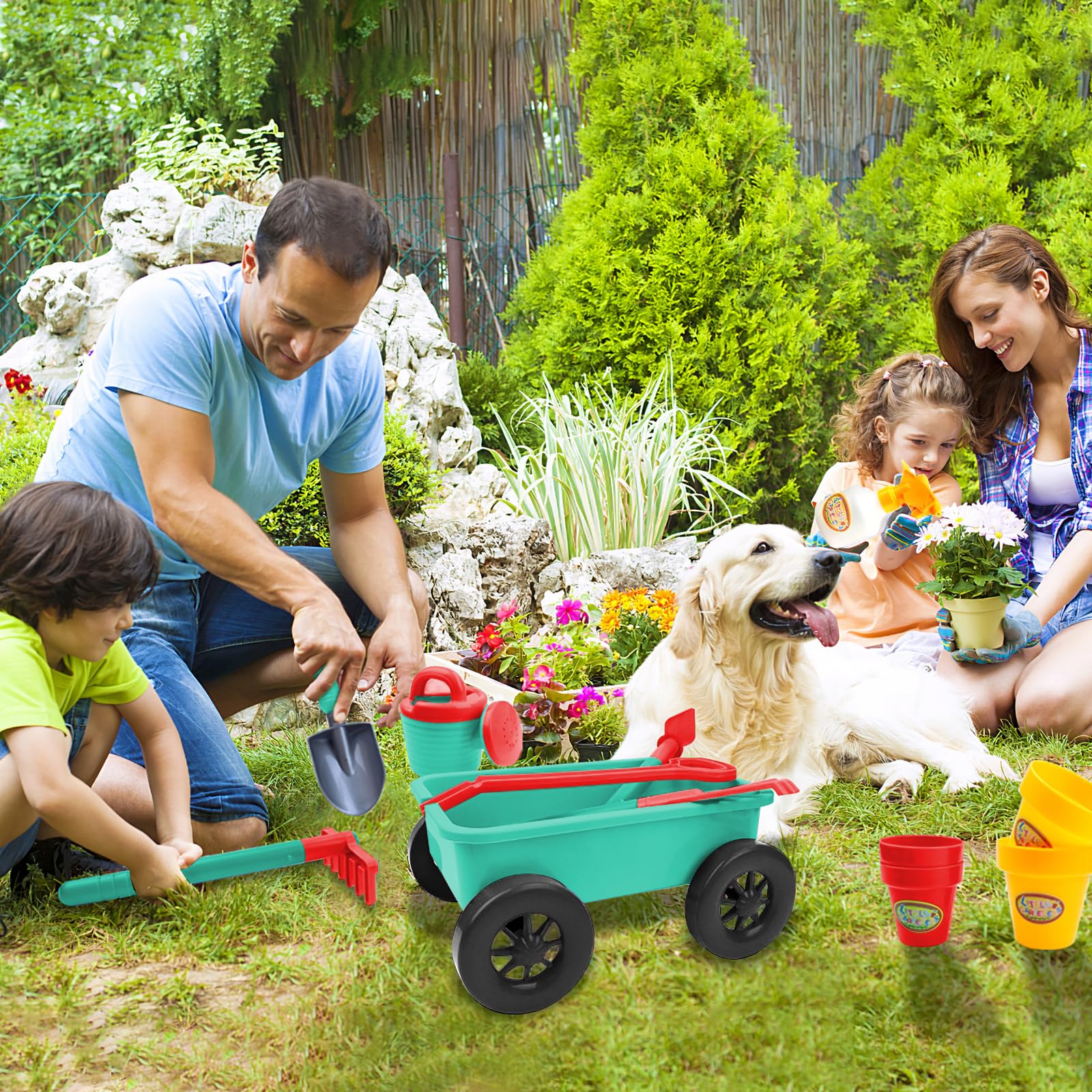 **deAO Kids Garden Wagon Wheelbarrow & Gardening Tools Play Set – 10-Piece Outdoor Toy Kit with 4 Plant Pots – Fun Gardening Pretend Play for Toddlers & Preschoolers – Perfect for Backyard, Sandbox & Outdoor Exploration**