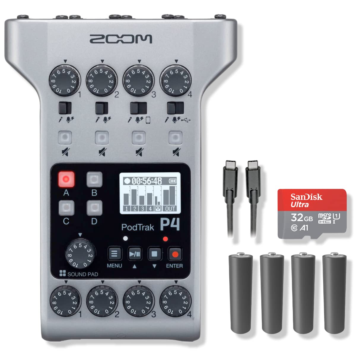 Zoom PodTrak P4 Portable 4-Channel Podcast Recorder with 32GB SD Card, USB-C Cable & Accessories - Perfect for Home Studio, Field Recording & Live Streaming