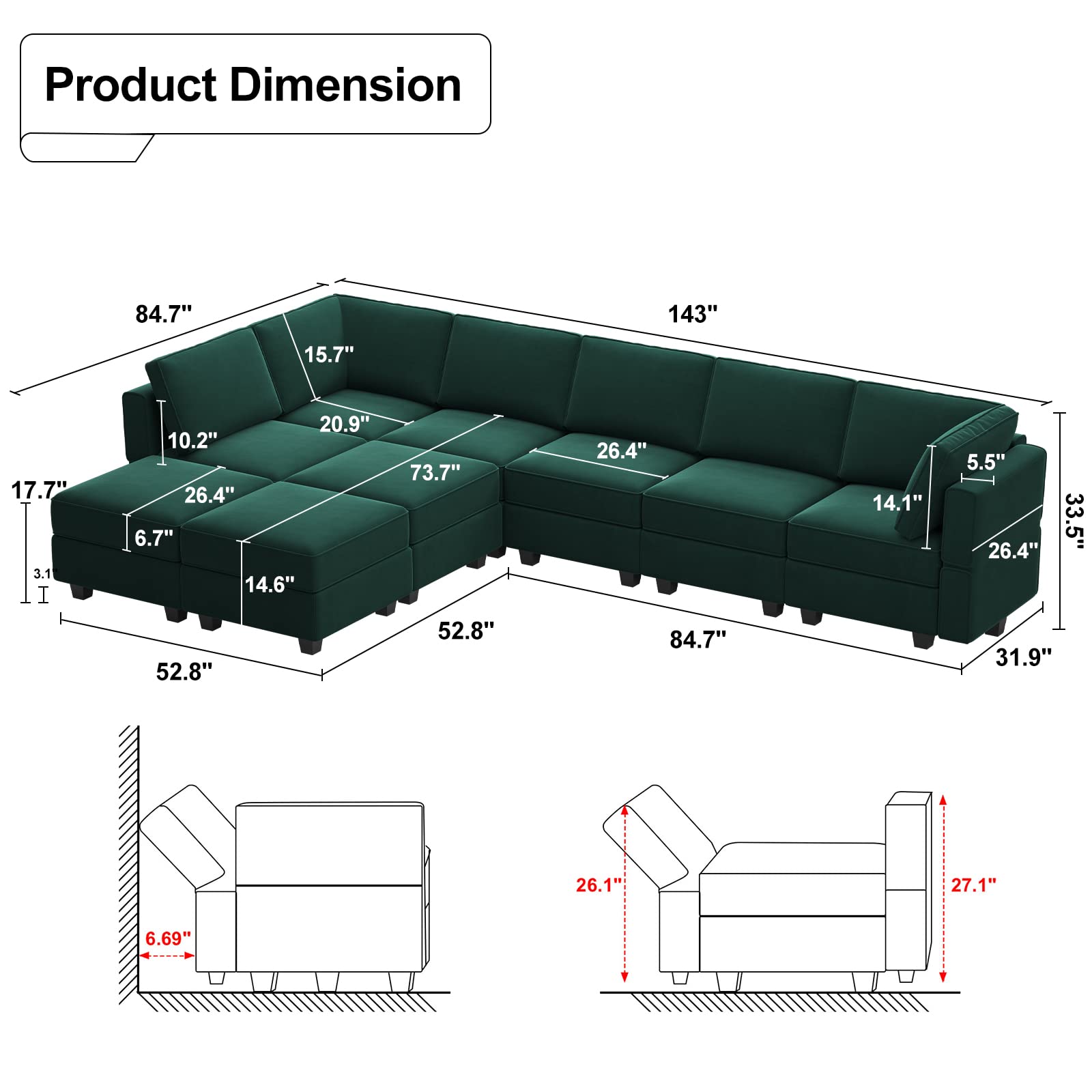 Belffin Modular Sectional Sofa with Reversible Double Chaises - Velvet L-Shaped Convertible Couch with Storage in Green | Perfect for Living Room, Family Room & Small Spaces