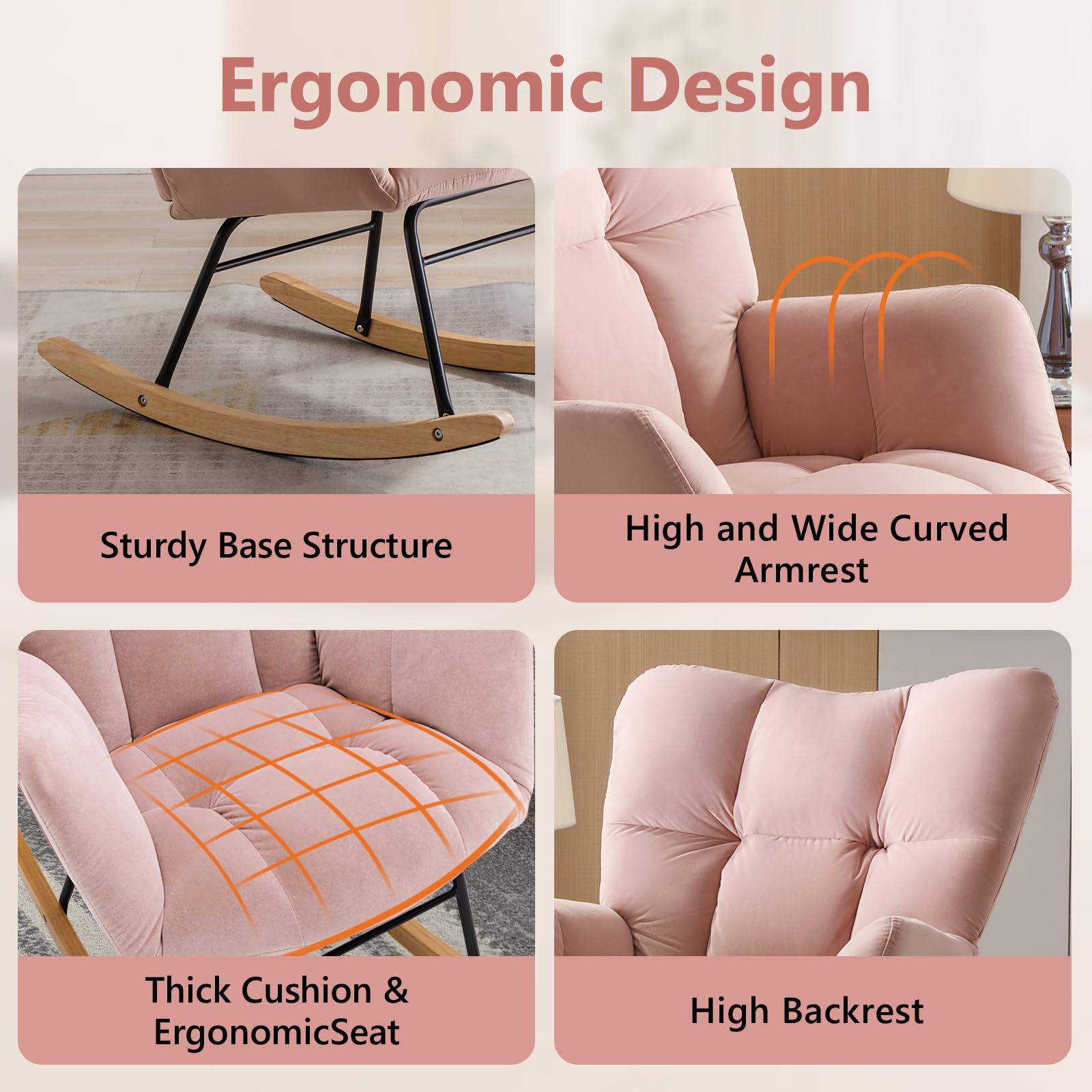 NIOIIKIT Velvet Upholstered Nursery Rocking Chair - High Back Glider Rocker with Padded Seat, Comfy Accent Armchair for Living Room, Bedroom & Nursery (Light Pink) - Perfect for Breastfeeding, Reading & Relaxing