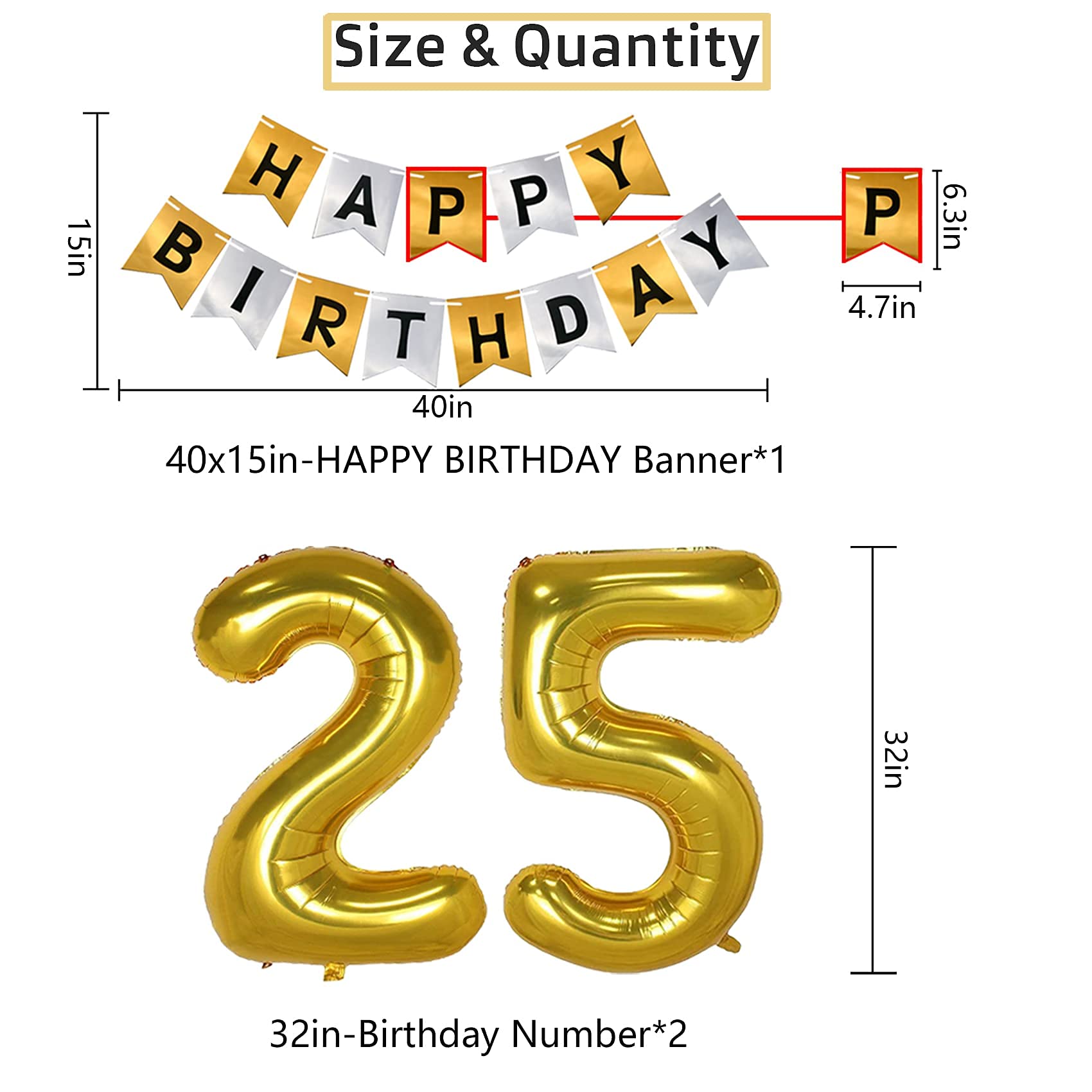 25th Birthday Decorations Gold & Black - 25 Happy Birthday Party Set with Gold Number Balloons & Banner for Men & Women | Anniversary Celebration, Milestone Party Decor