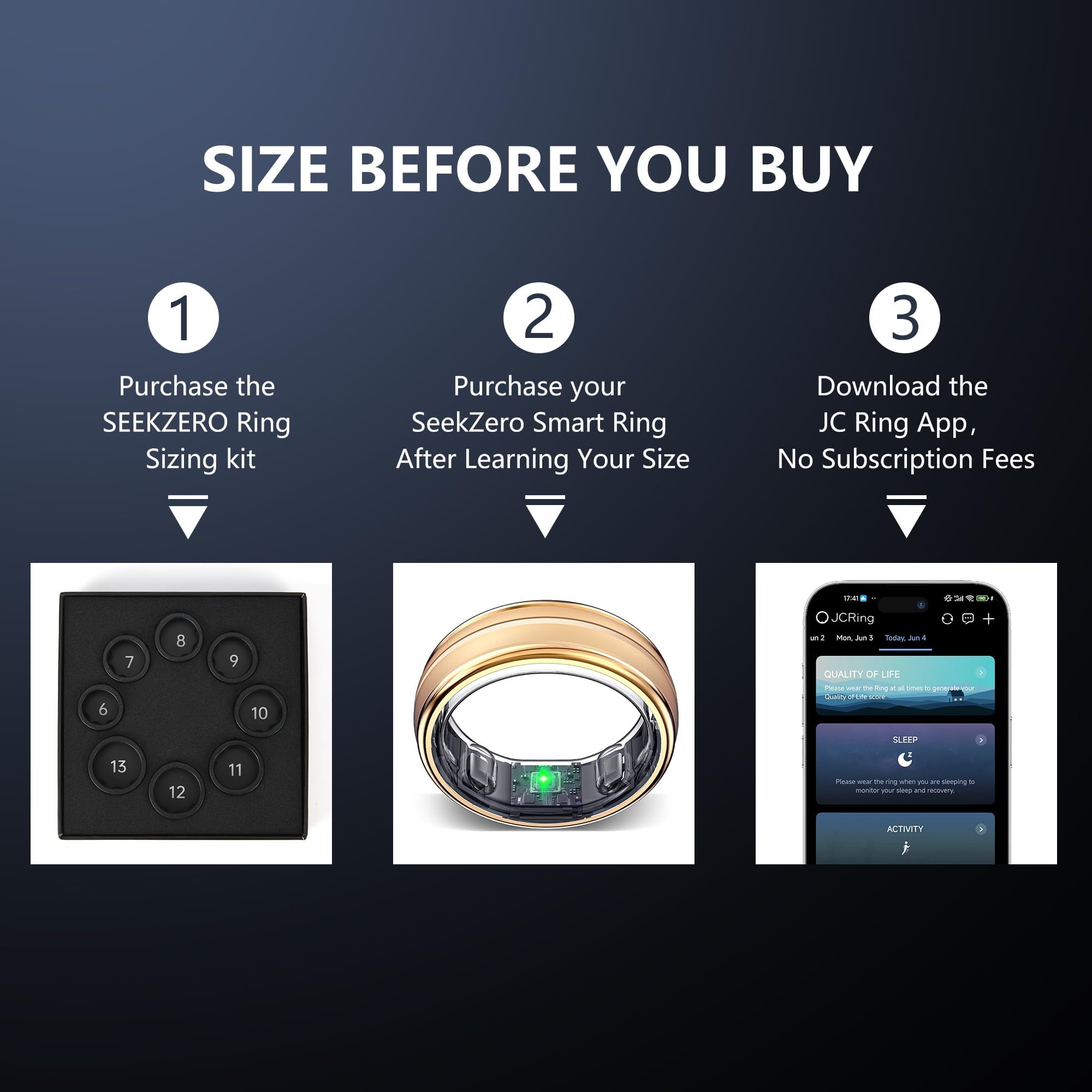 Smart Fitness Ring for Women & Men - Sleep & Step Tracker with Heart Rate Monitor | Waterproof Health Activity Tracker, iOS Android Compatible, No Subscription Needed (Gold, Size 8) - Perfect for Workouts, Sleep Monitoring & Daily Health Tracking
