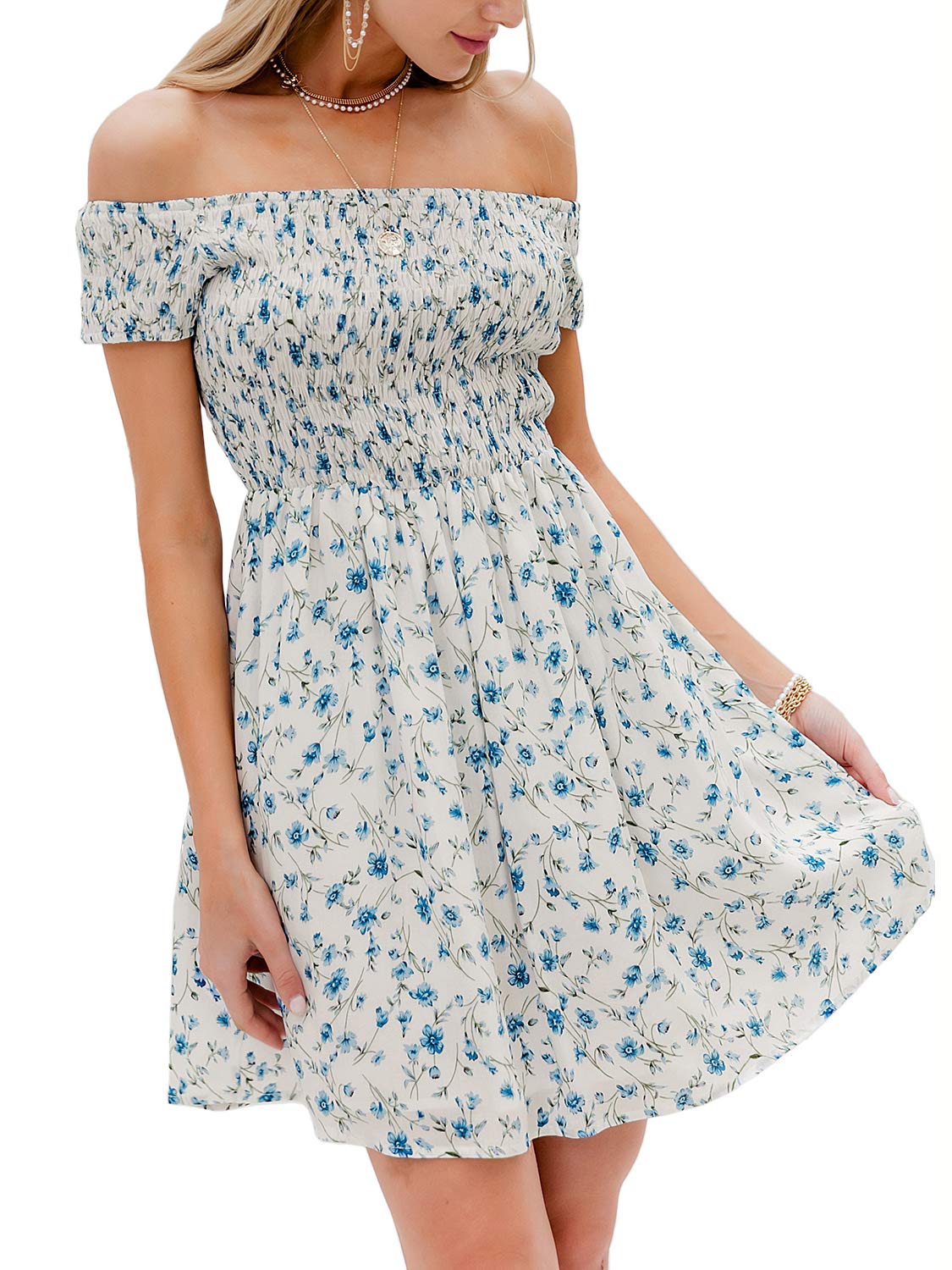 BerryGo Women's Vintage Floral Print Off Shoulder High Waist Mini Dress - White Summer Beach Party Dress for Vacation, Date Night & Boho Outfits
