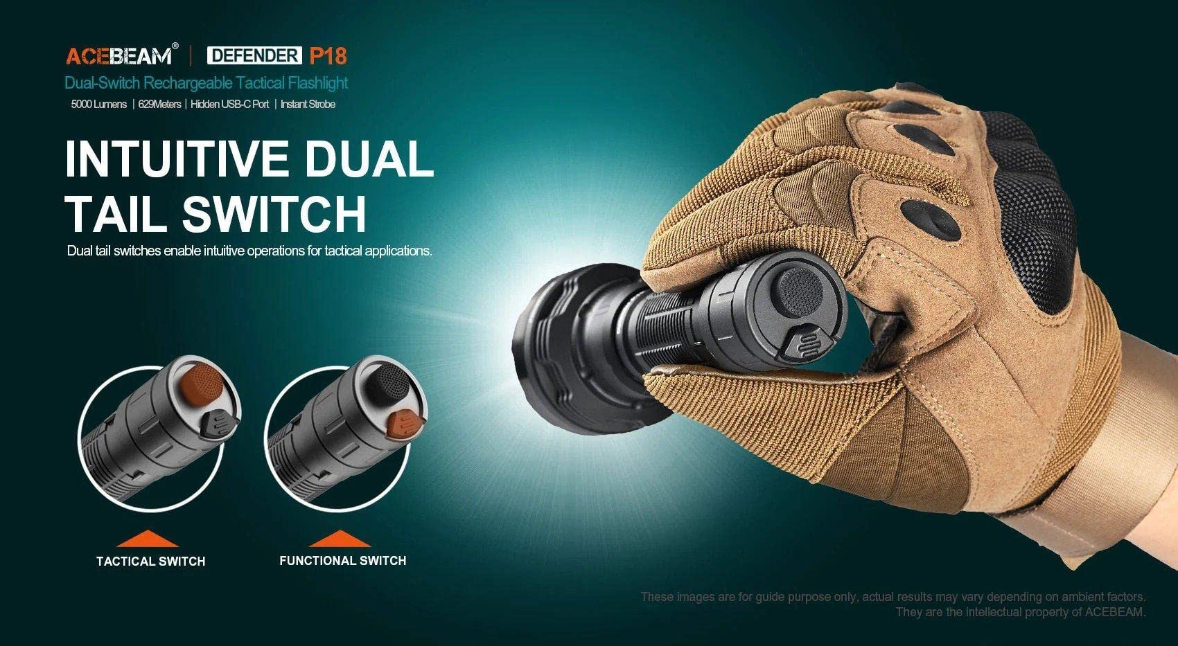 ACEBEAM Defender P18 5000 Lumens Rechargeable Flashlight with Dual Switch & USB-C Charging - High Power Tactical Flashlight for Camping, Hiking, Emergency & Outdoor Adventures
