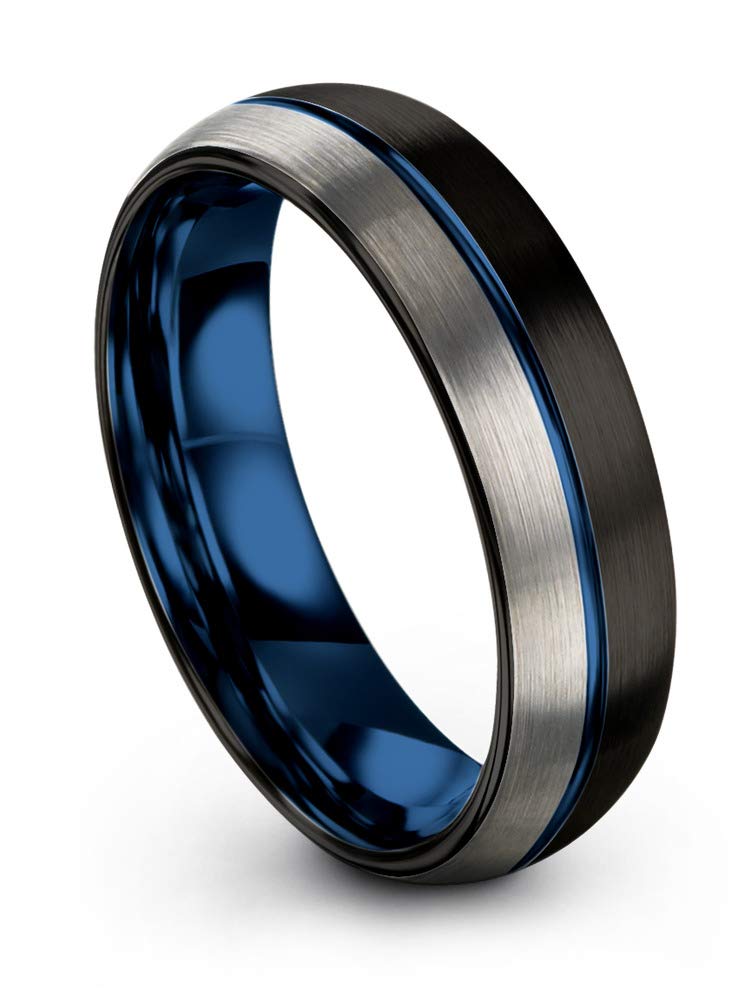 Premium Tungsten Carbide Wedding Band Ring for Men & Women - 6mm Blue Black Center Line, Dome Black Grey, Half Brushed Polished - Custom Engraved Anniversary & Engagement Ring - Perfect for Weddings, Proposals & Special Occasions