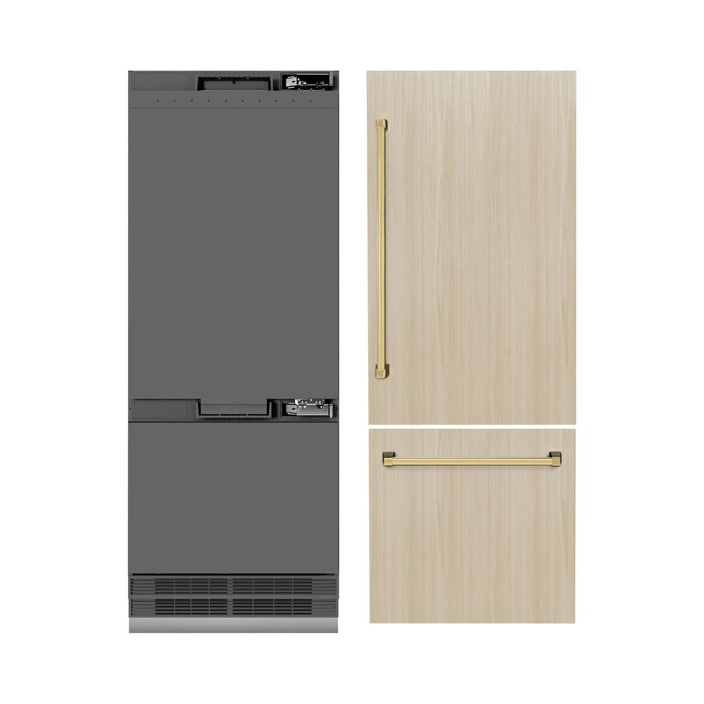 ZLINE Autograph Edition 30 Inch Panel Ready Built-In Bottom Freezer Refrigerator - 16.1 cu ft Capacity, Water Dispenser & Ice Maker, Graphite Gray Interior with Polished Gold Accents (GRBIVZ 30 G) - Perfect for Modern Kitchens and Luxury Homes