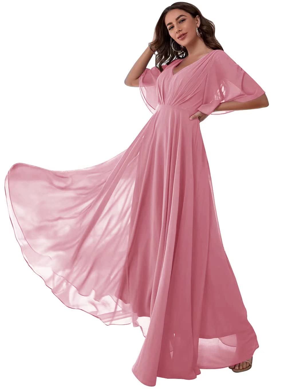 HSFIYAKJ V-Neck Long Chiffon Bridesmaid Dress - A-Line Formal Prom Wedding Evening Gown with Sleeves - Perfect for Bridal Party, Prom Night & Special Occasions