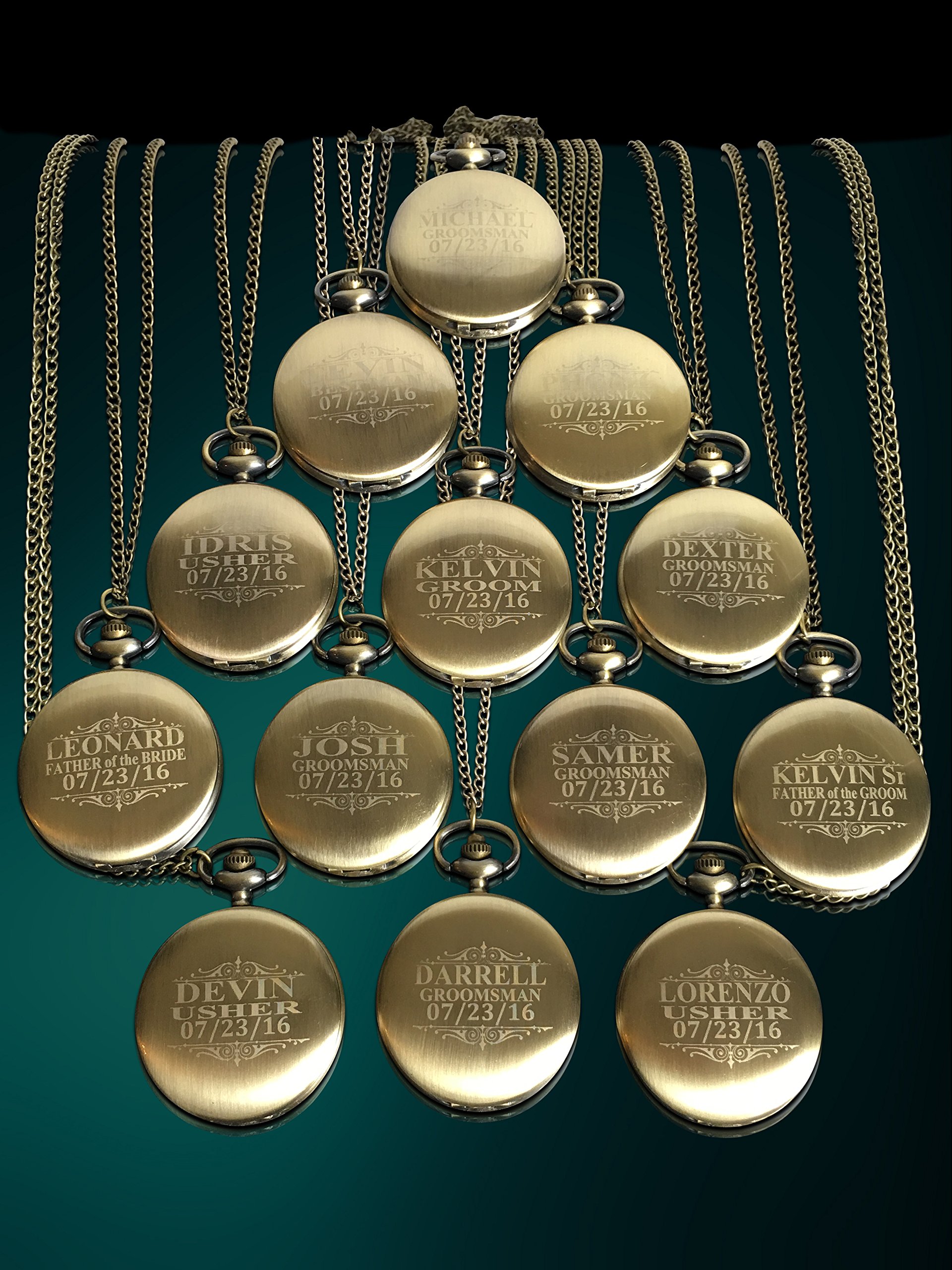 Personalized Engraved Pocket Watches for Men - 10-Piece Set with Chain, Gift Box - Perfect for Groomsmen Wedding Gifts, Anniversary & Special Occasions - Available in 4 Classic Colors (Gold, Silver, Rose Gold, Black)