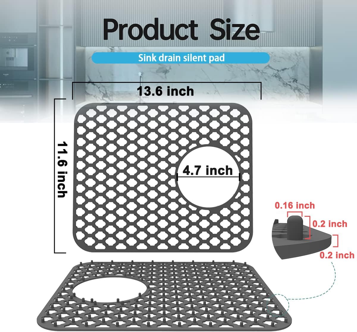 Wonninek Non-Slip Silicone Sink Mat (2-Pack) - Heat Resistant Kitchen Sink Protector with Drain Hole for Stainless Steel Farmhouse Sinks, 13.6x11.6 Inch Grey - Perfect for Dishwashing, Food Prep & Protecting Sink Bottom