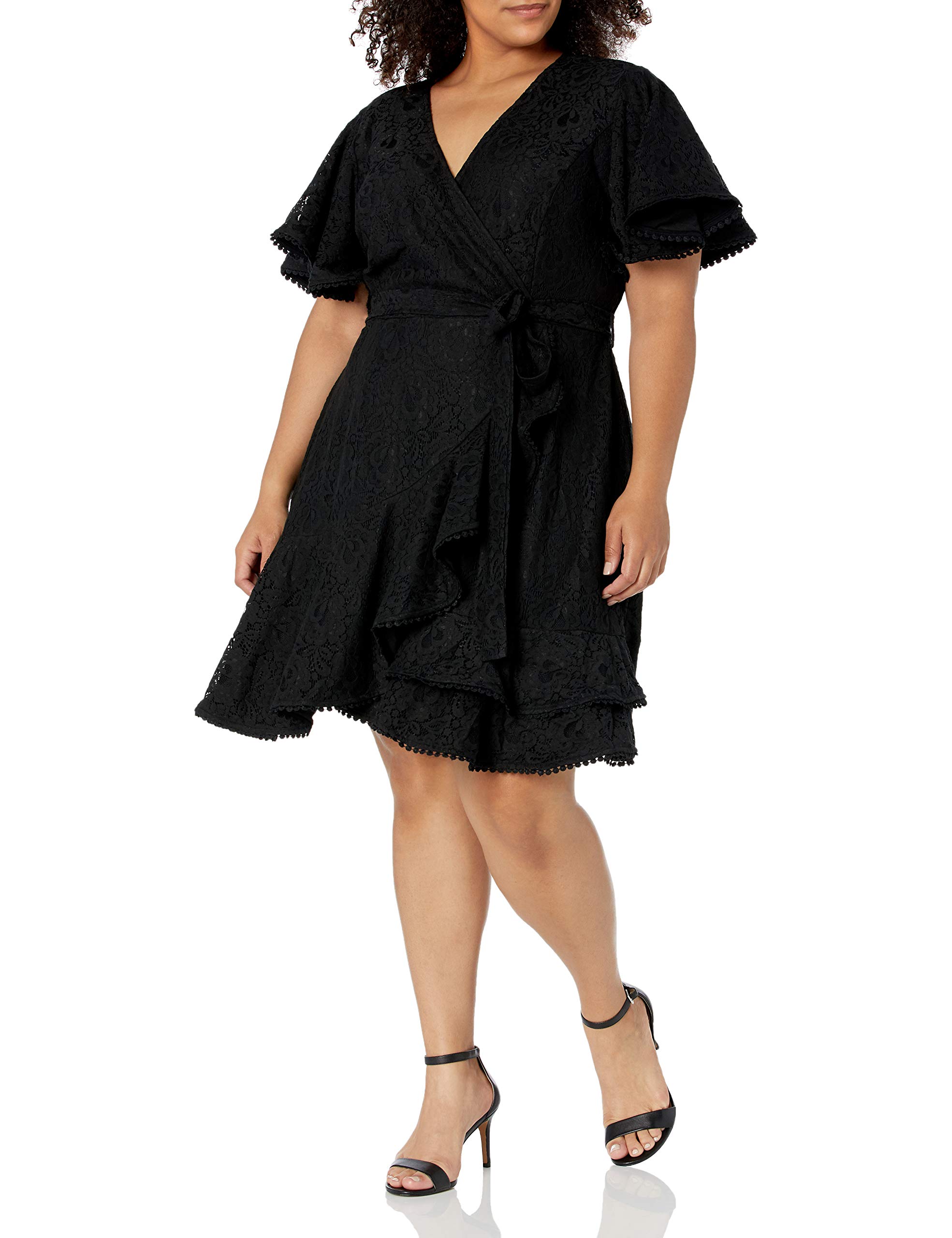 Elegant Women's Faux Wrap Dress with Lace Overlay & Adjustable Tie Waist - Perfect for Office, Cocktail Parties & Date Nights