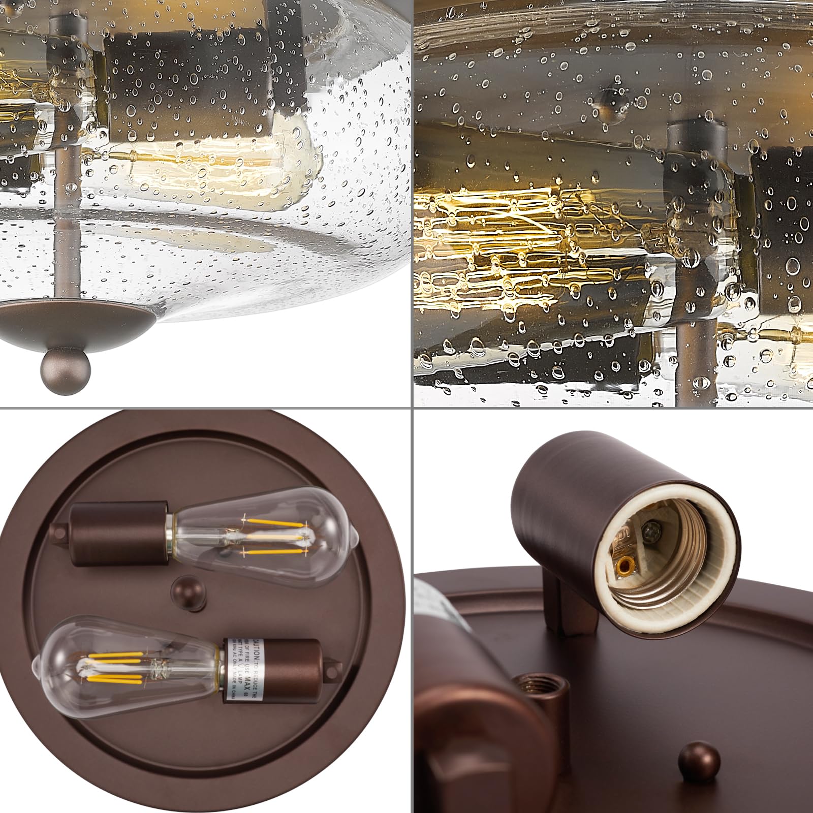 Oil-Rubbed Bronze Ceiling Light Fixture - Indoor/Outdoor Flush Mount with Seeded Glass Shade - Farmhouse, Hallway, Kitchen, Bedroom, Porch, Living & Dining Room Lighting - Perfect for Rustic Home Decor & Outdoor Patio Lighting