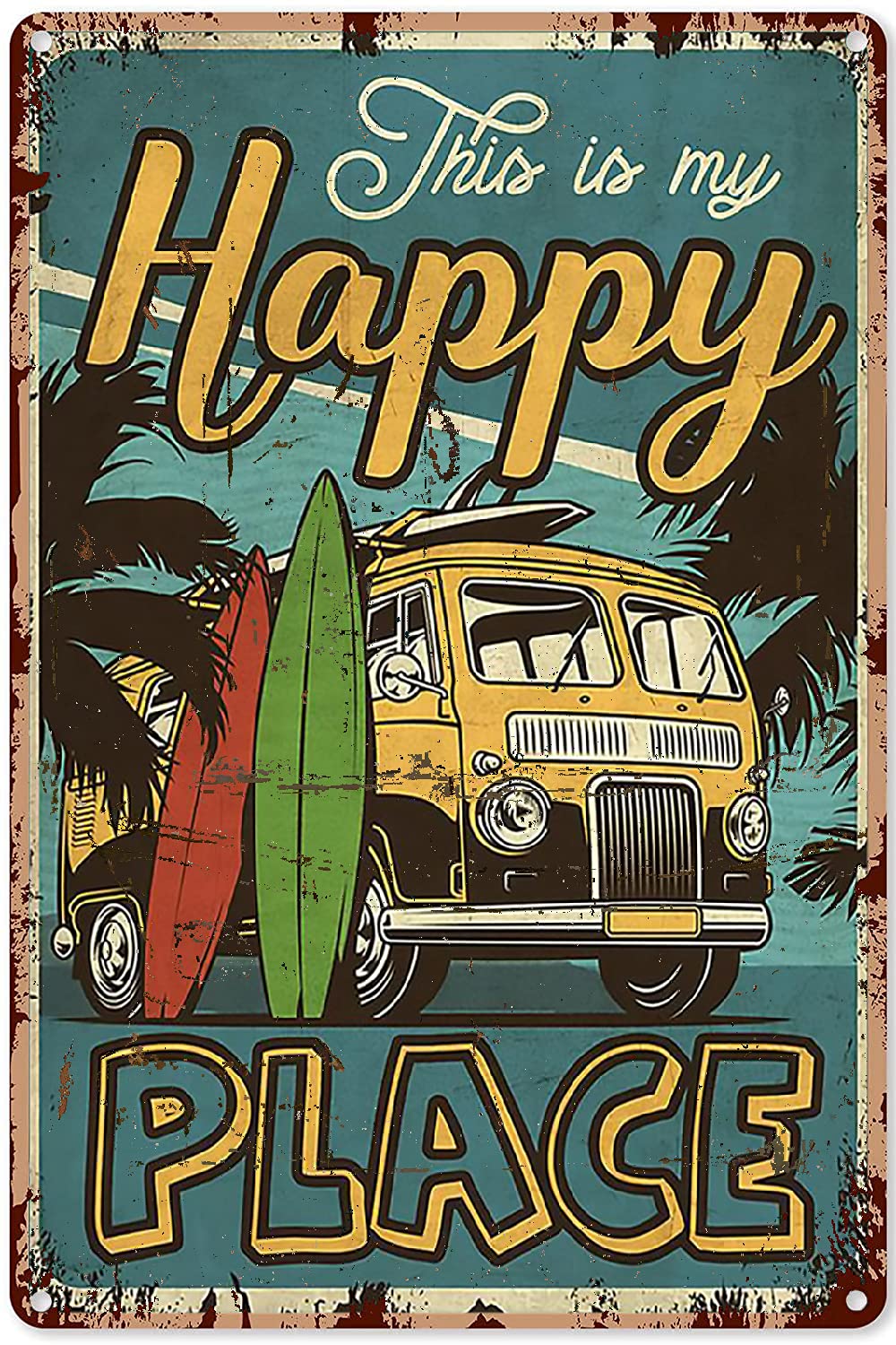 Vintage Metal Tin Sign - Surfing This Is My Happy Place Retro Wall Art Poster 12x16 Inch - Funny Beach Decor for Surf Shop, Man Cave or Coastal Home Decor