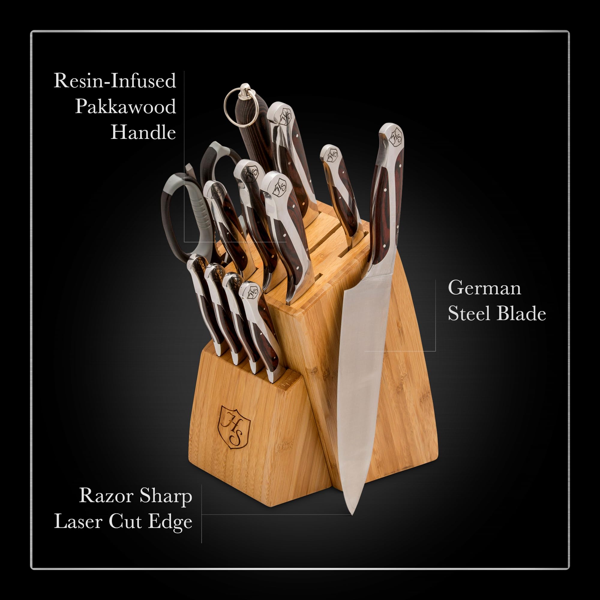 Premium Hammer Stahl 12-Piece Knife Block Set – Stainless Steel Kitchen Cutlery with Chef, Santoku, Bread, Steak & Paring Knives + Shears – Essential Sharp Knives for Home Cooking, Slicing, Dicing & Food Prep