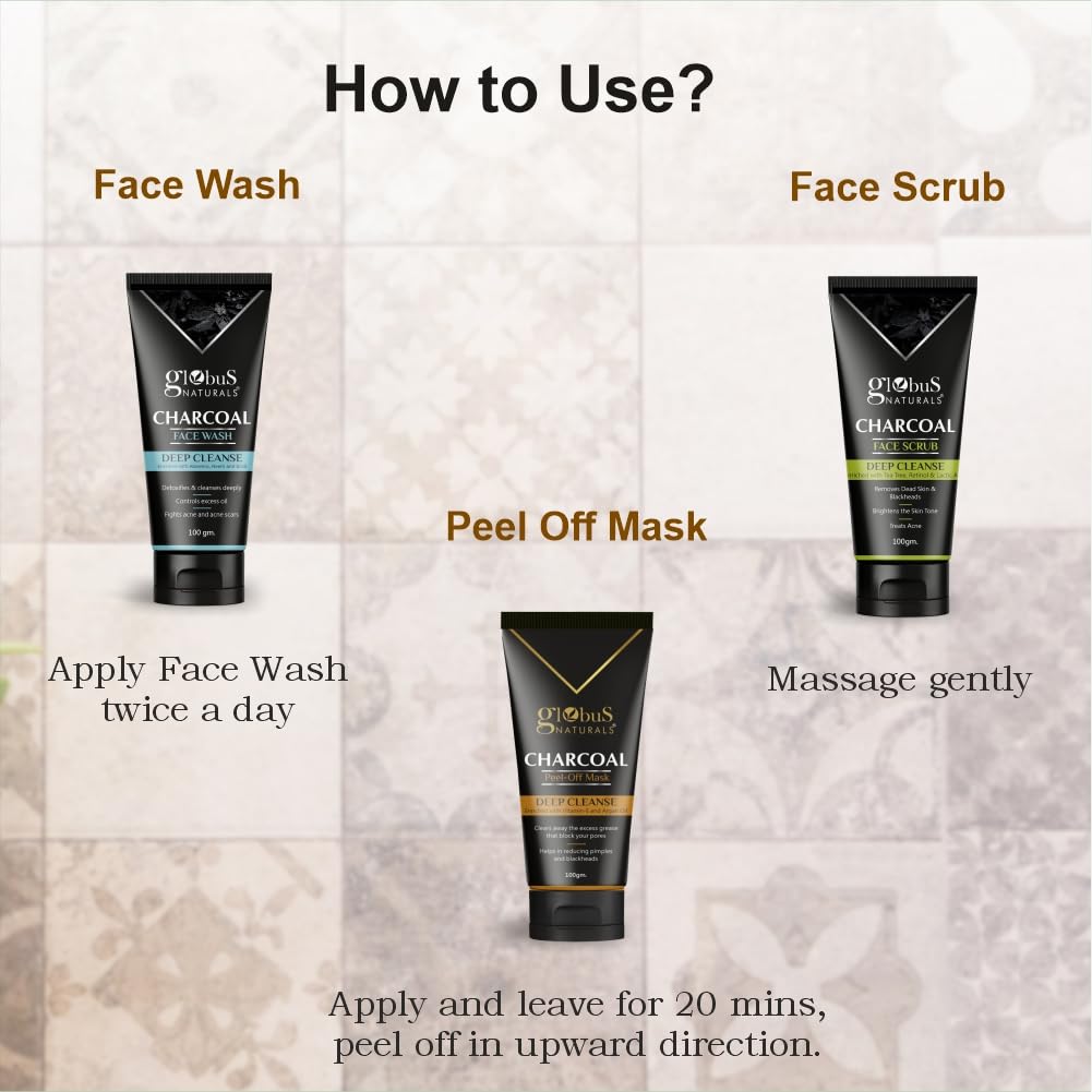 Globus Naturals Activated Charcoal Face Care Trio Kit - Anti Acne, Pollution & Tan Treatment with Face Wash, Scrub & Mask (100g Each) for Deep Cleansing & Detox - Perfect for Oily & Acne-Prone Skin