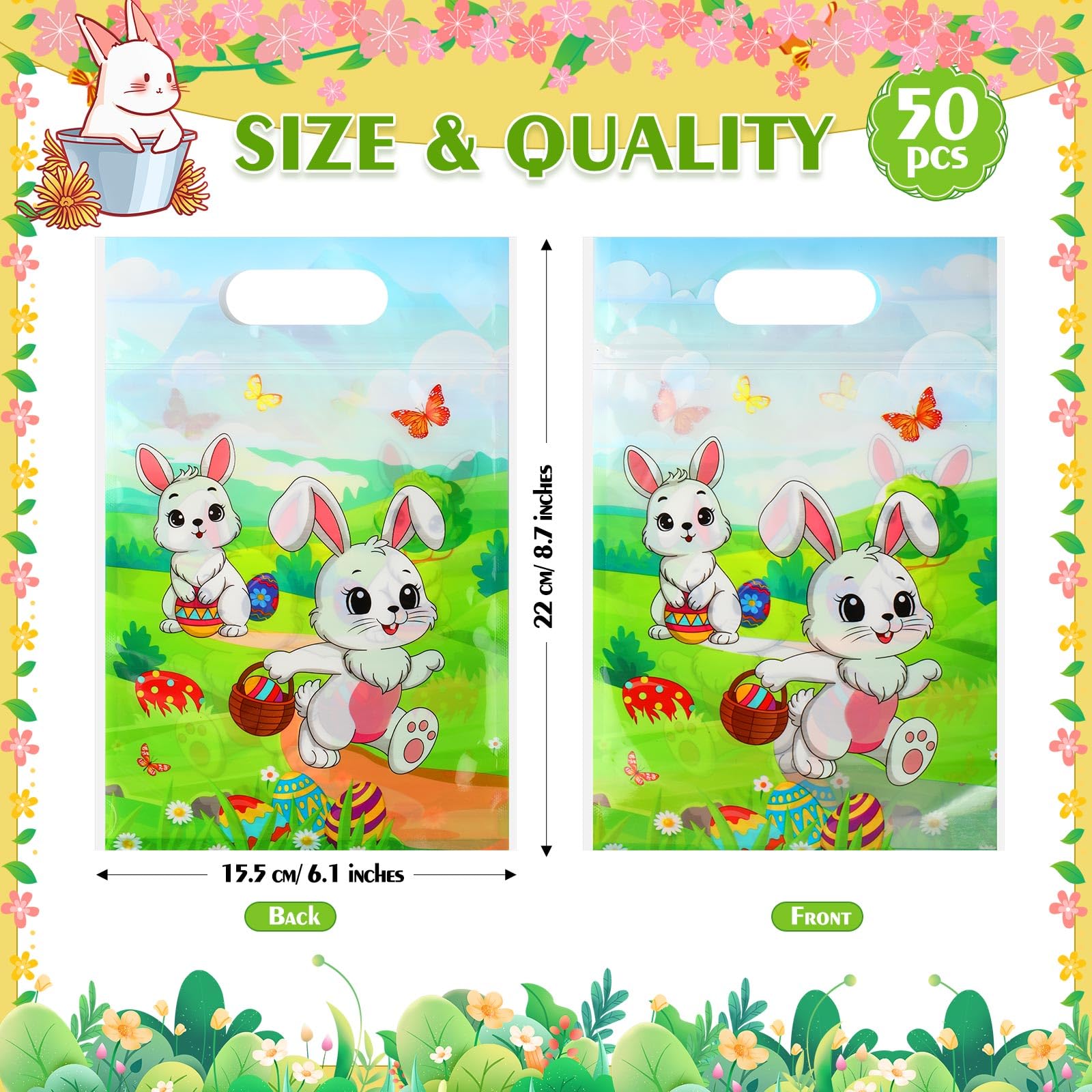 60 Pcs Easter Gift Bags - Plastic Tote Bags with Handles for Easter Eggs, Bunny Candy & Party Favors - Spring Easter Frog Chick Goodie Bags for Easter Egg Hunt, School Events & Spring Celebrations