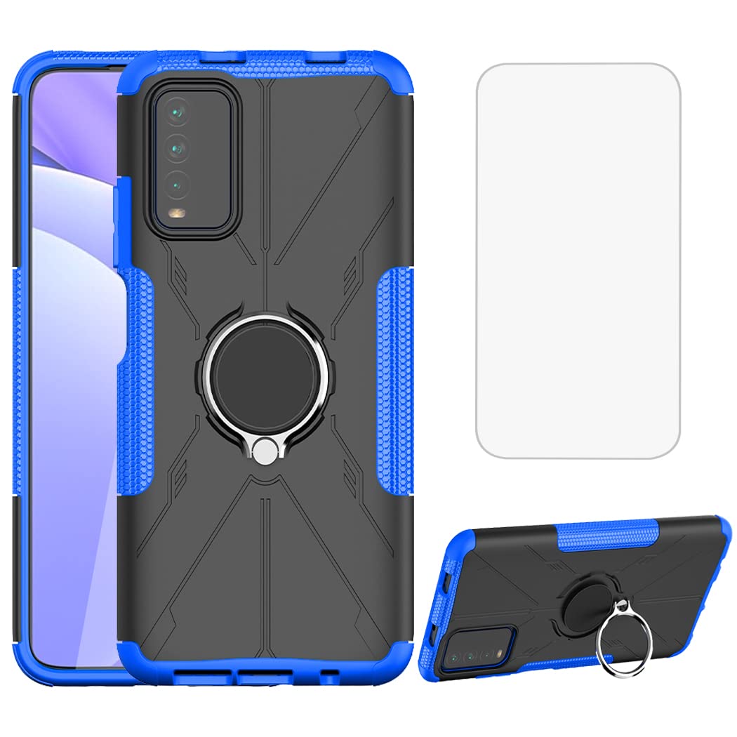 Premium Shockproof Phone Case for Redmi 9T/Poco M3/Redmi Note 9 4G M2010J19SL - Heavy Duty Protective Cover with Tempered Glass Screen Protector & Metal Ring Kickstand (Blue) - Perfect for Outdoor Activities, Travel, and Daily Protection
