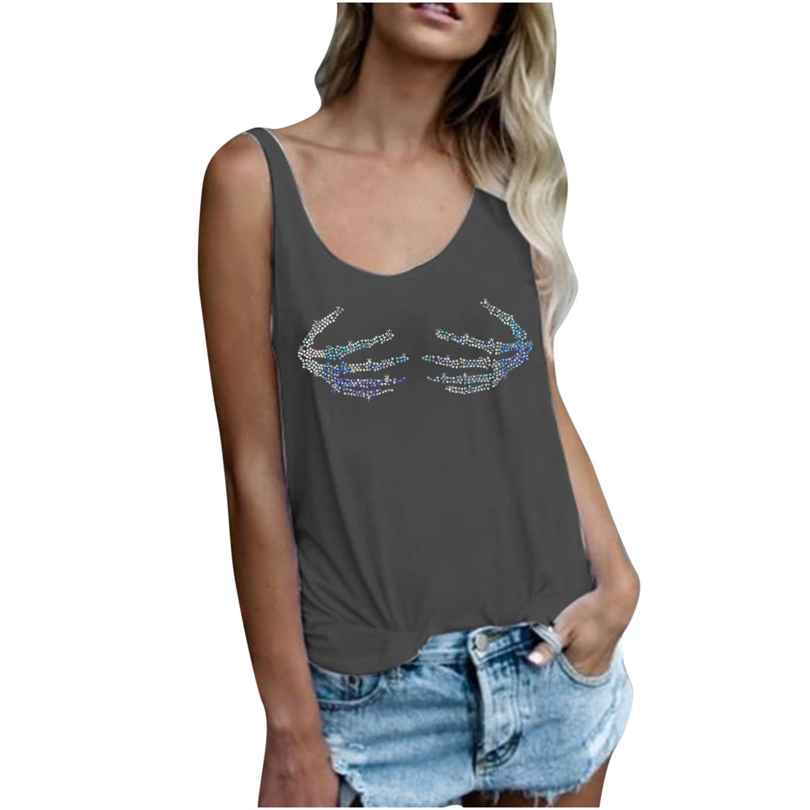 Women's Rhinestone Sleeveless V-Neck Tank Tops - Workout Running Athletic Shirts for Casual Wear & Gym Fitness