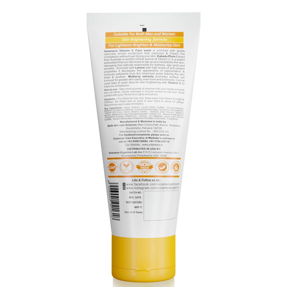 Volamena Vitamin C Face Wash with Orange Extract - Brightening & Glowing Skin Cleanser for Women & Men - 100ml - Perfect for Daily Skincare Routine & Acne-Prone Skin