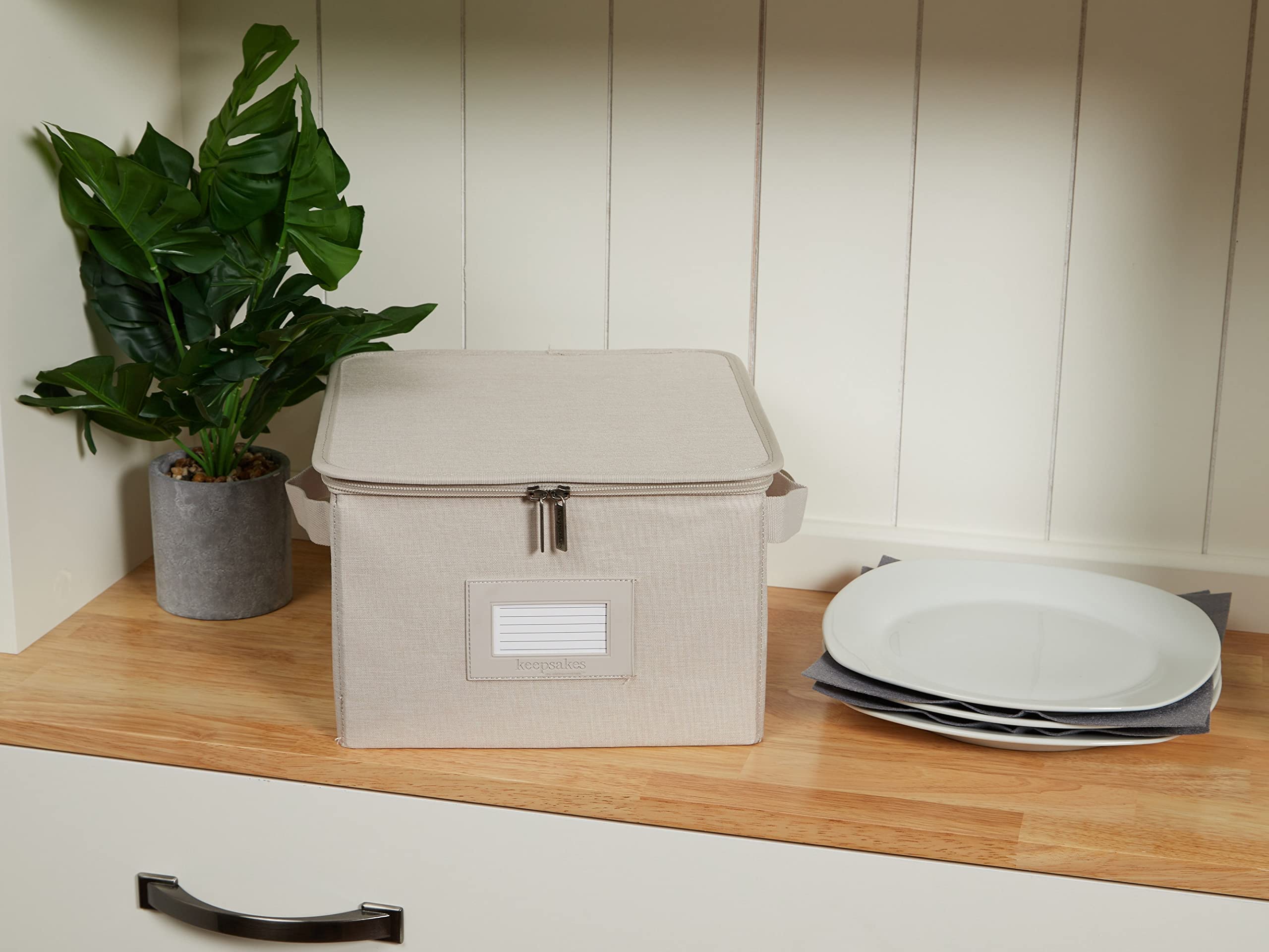 Covermates Keepsakes Dish Storage Box – Stackable Organizer with Reinforced Handles for China & Fine Dining Protection, Beige Heather | Perfect for Holiday China Storage, Buffet Serving, and Kitchen Organization