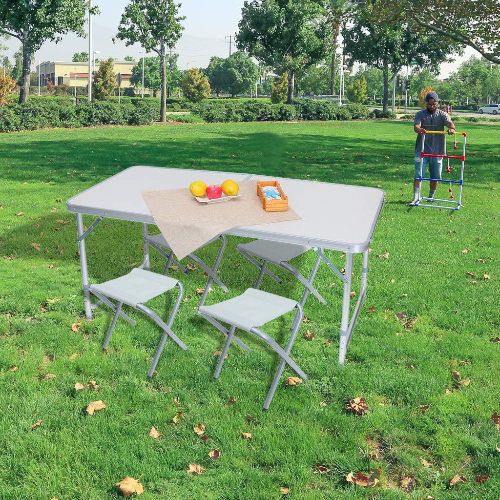 GONGting 4 Foot Aluminum Folding Table with 4 Metal Stools - Adjustable Height Portable Camping Table and Chairs Set, Lightweight & Sturdy for Outdoor Picnics, BBQs, Beach Parties, and Tailgating (Center Folding Design, No Umbrella Hole)