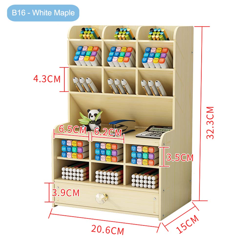 Large Capacity Wooden Desk Organizer with Drawer - DIY Pen Holder & Stationary Storage Box for Office, Home & School Supplies | Desktop Organizer for Pencils, Markers & Office Accessories (B16-White Maple) - Perfect for Workspace, Study Desk & Craft Room Organization