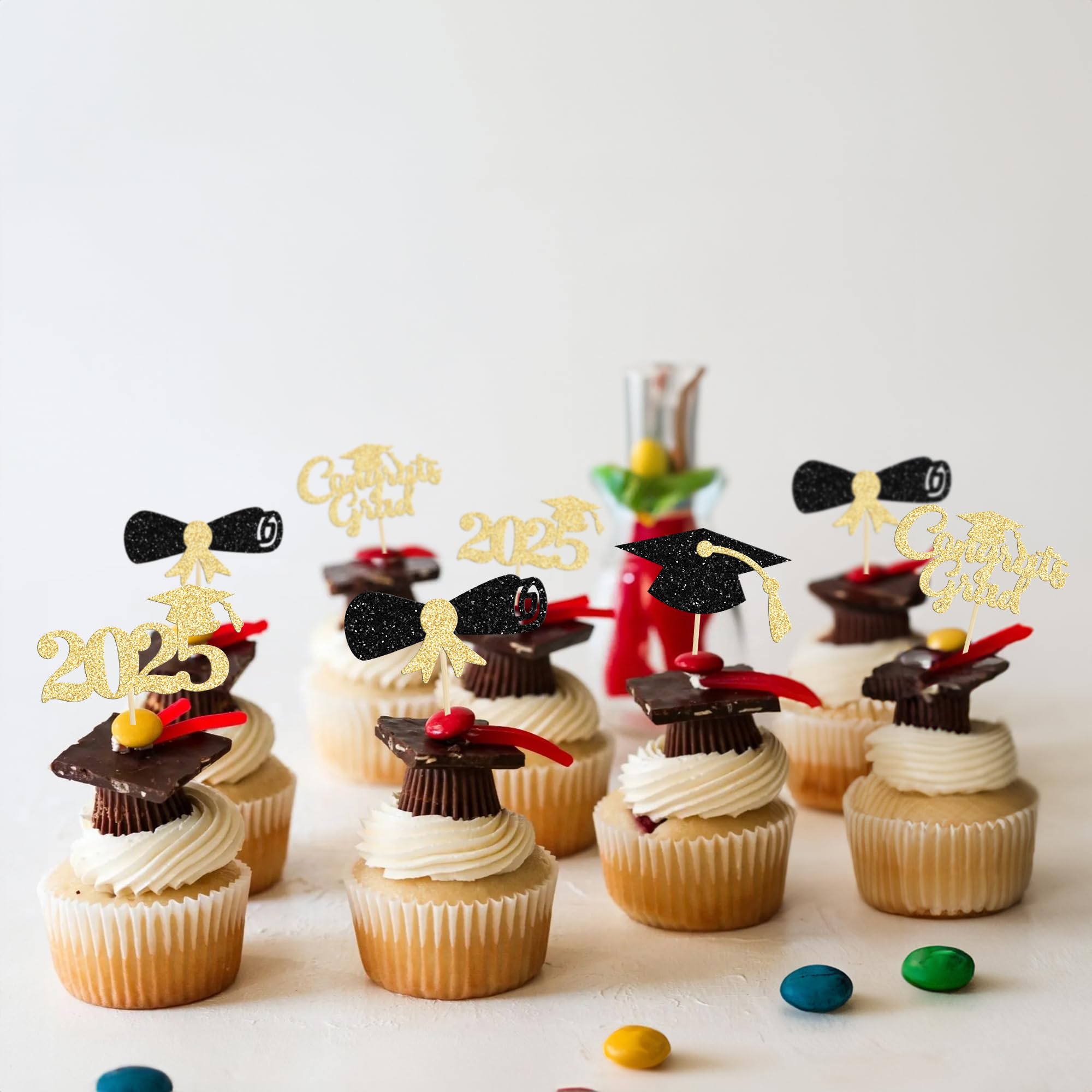 24Pcs 2025 Graduation Cupcake Toppers - Black Glitter Congrats Grad Decorations with Cap & Diploma Picks for Graduation Party, Cake Decor Supplies (Perfect for High School & College Graduation Celebrations)