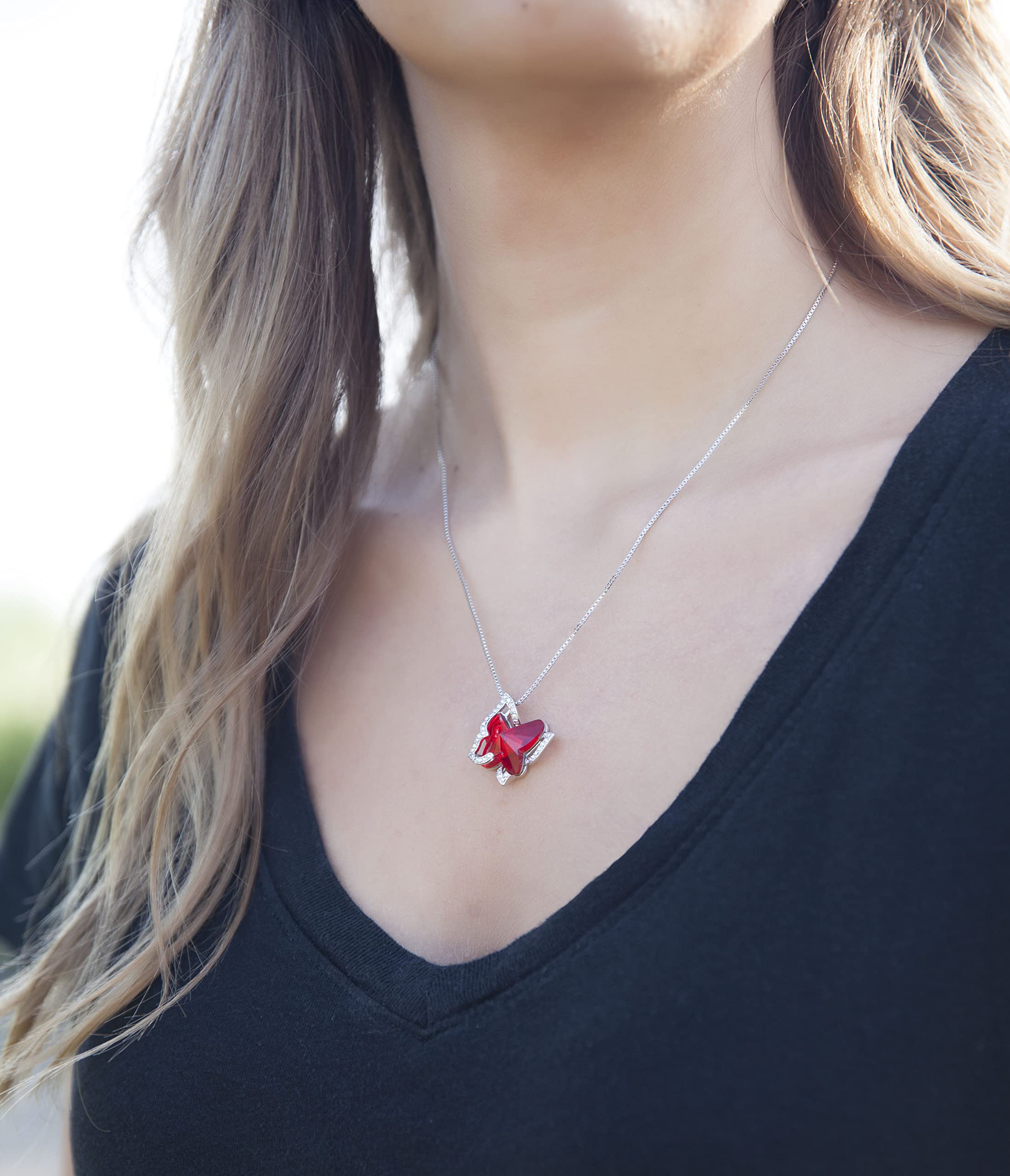 Birthstone Crystal Butterfly Necklace - Silver Tone with 18