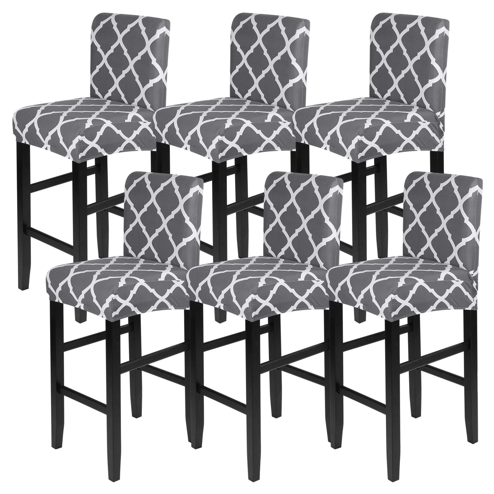 Stretch Washable Bar Stool Covers Set of 6 - Counter Height Kitchen Dining Chair Covers for Home & Cafe - Rhombus Grey Design - Perfect for Kitchen Islands, Breakfast Bars & Restaurant Seating