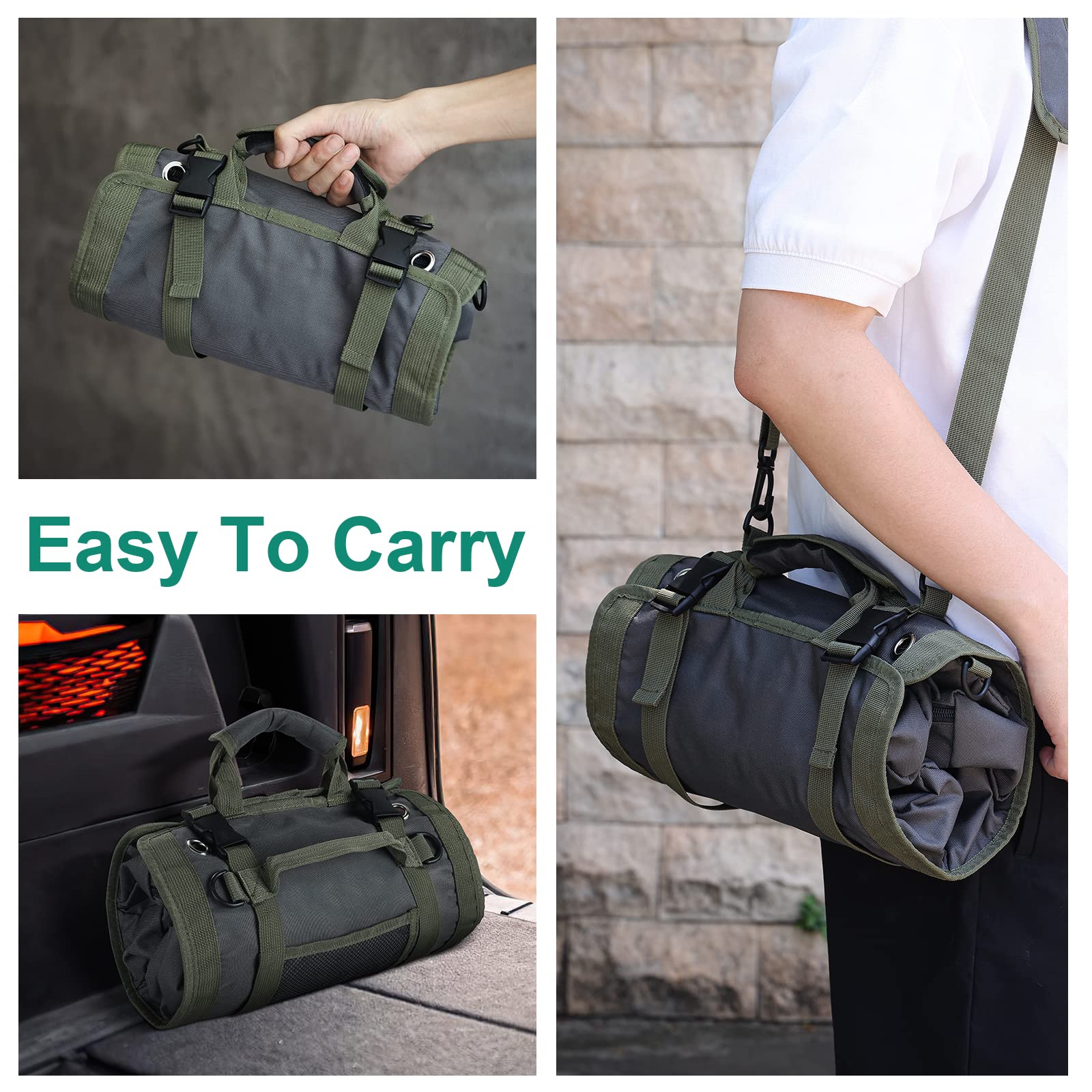 Heavy Duty Roll Up Tool Bag Organizer with Detachable Pouches - Adjustable Shoulder Strap Tool Roll Pouch for Mechanics, Electricians, Motorcycle & Truck Repair - Perfect for Workshop, Garage & On-the-Go Tool Storage