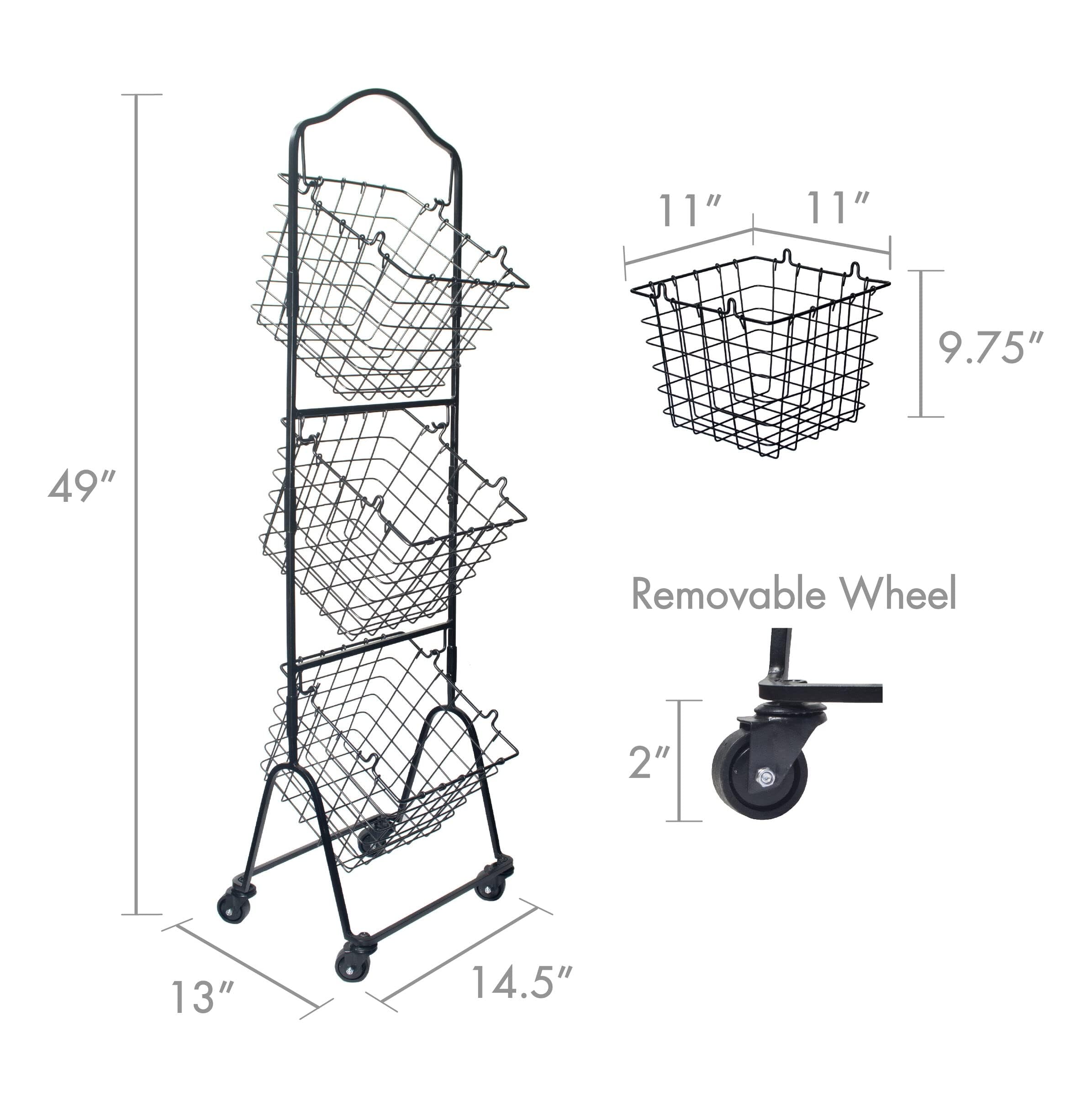 Mikasa Gourmet Basics Rio 3-Tier Rolling Storage Cart for Fruits and Vegetables - 47.75-Inch Metal Stand with Removable Baskets & Wheels - Multi-Tier Kitchen Organizer for Pantry, Supermarket, and Farmers Market Use