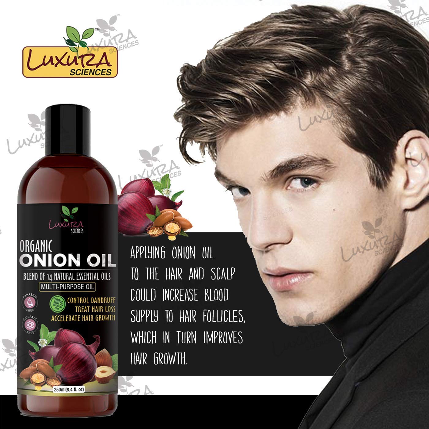 Onion Hair Oil 250ml with 14 Essential Oils - Multi-Purpose Hair Growth Serum with Argan Oil for Dry, Damaged Hair Treatment - Pack of 2 | Promotes Thicker, Longer Hair for Men & Women | Perfect for Daily Nourishment & Scalp Massage