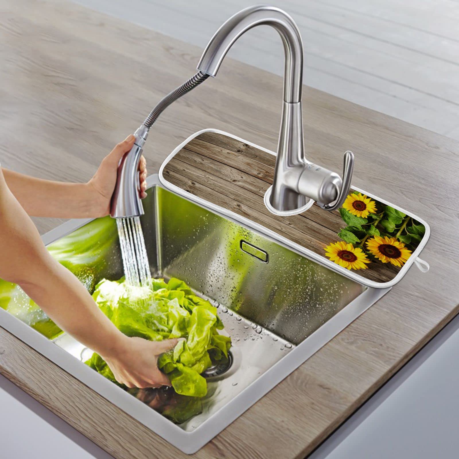 2 Pack Summer Sunflower Faucet Splash Guard Mats - Quick Drying Wooden Handle Drip Catcher for Kitchen & Bathroom (14.9x5.5 Inch) - Perfect for Protecting Countertops from Water Spills