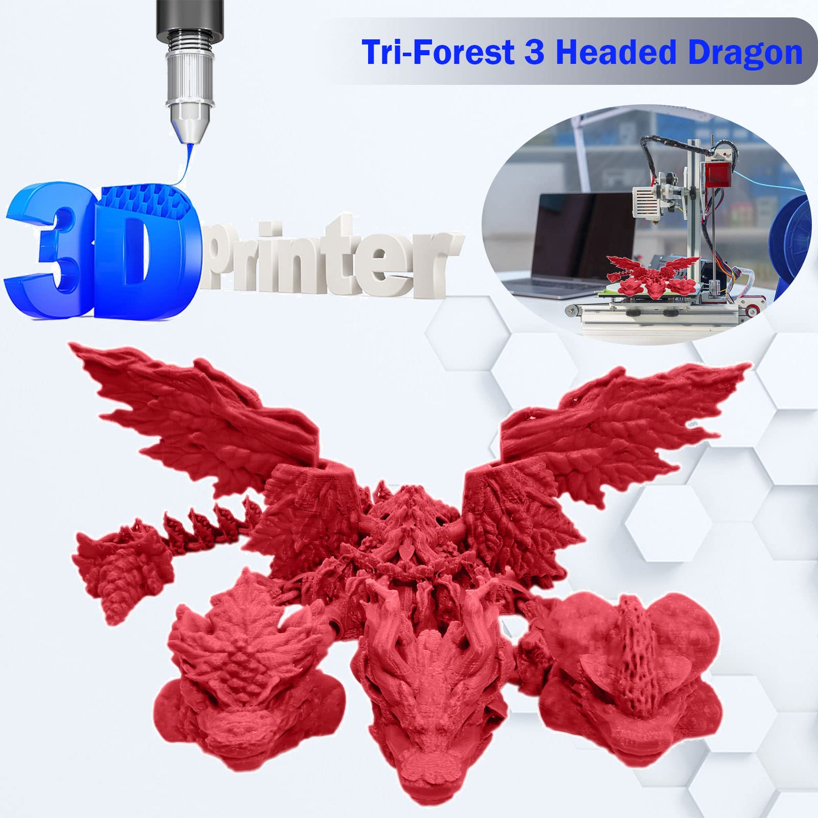 3D Printed Articulated Three-Headed Dragon Toy - Ancient Mythical Beast Monster with Deformable Joints, Anti-Anxiety Action Figure for Collectors (Fire Red, 15.7 Inches) - Perfect for Home Decor, Fantasy Collections, and Stress Relief Gifts