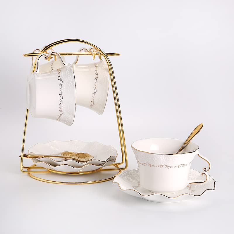 4-Piece European Ceramic Coffee Cup Set with Saucers & Metal Holder - 7oz White Tea & Espresso Cups for Wedding, Mother's Day Gifts - Perfect for Au Lait, Latte, Cafe Mocha & Cappuccino at Home or Café