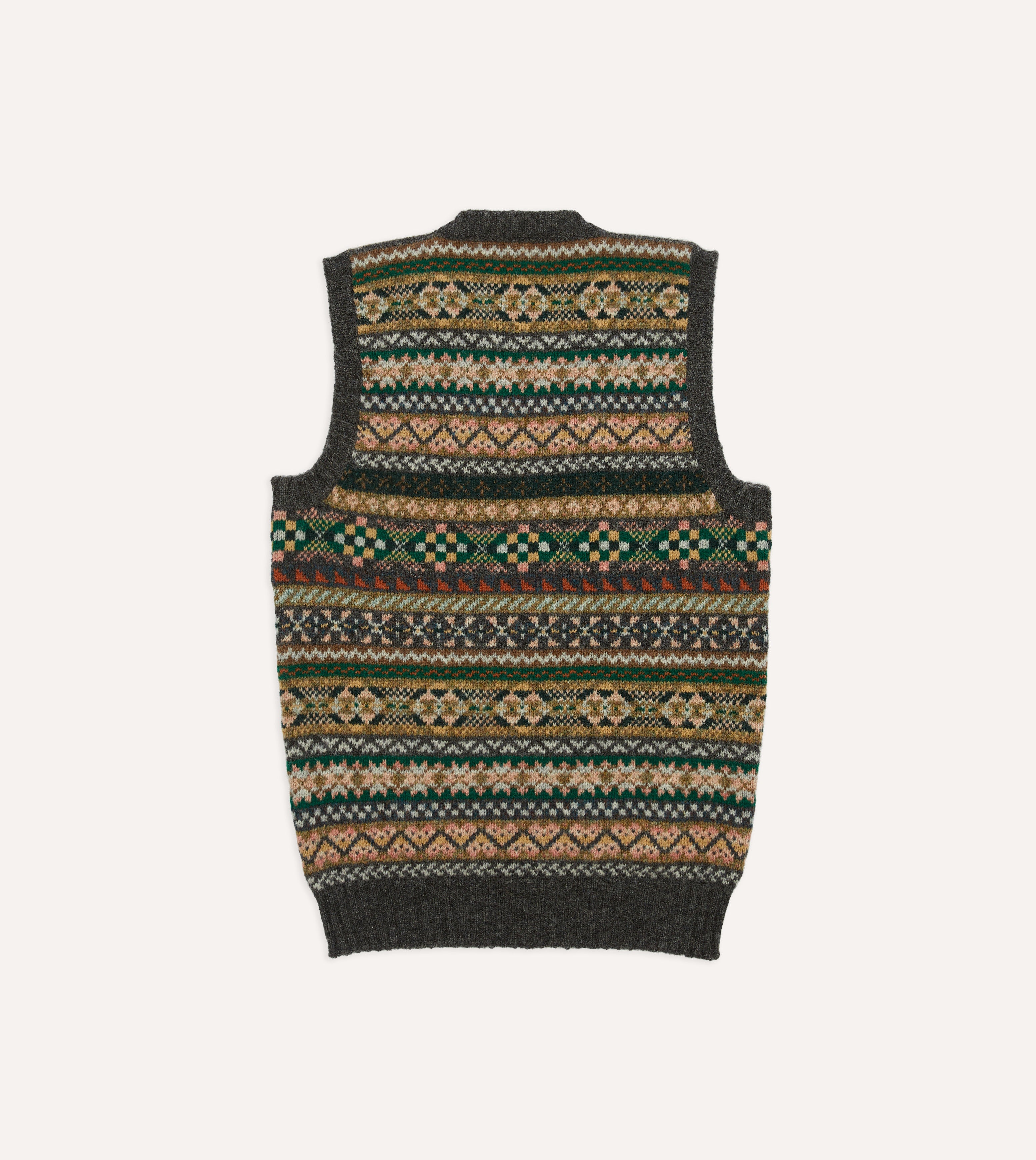 Grey Fair Isle Lambswool Sleeveless V-Neck Jumper for Women - Cozy Winter Pullover, Vintage Knit Sweater Vest for Layering, Office Wear & Casual Outfits