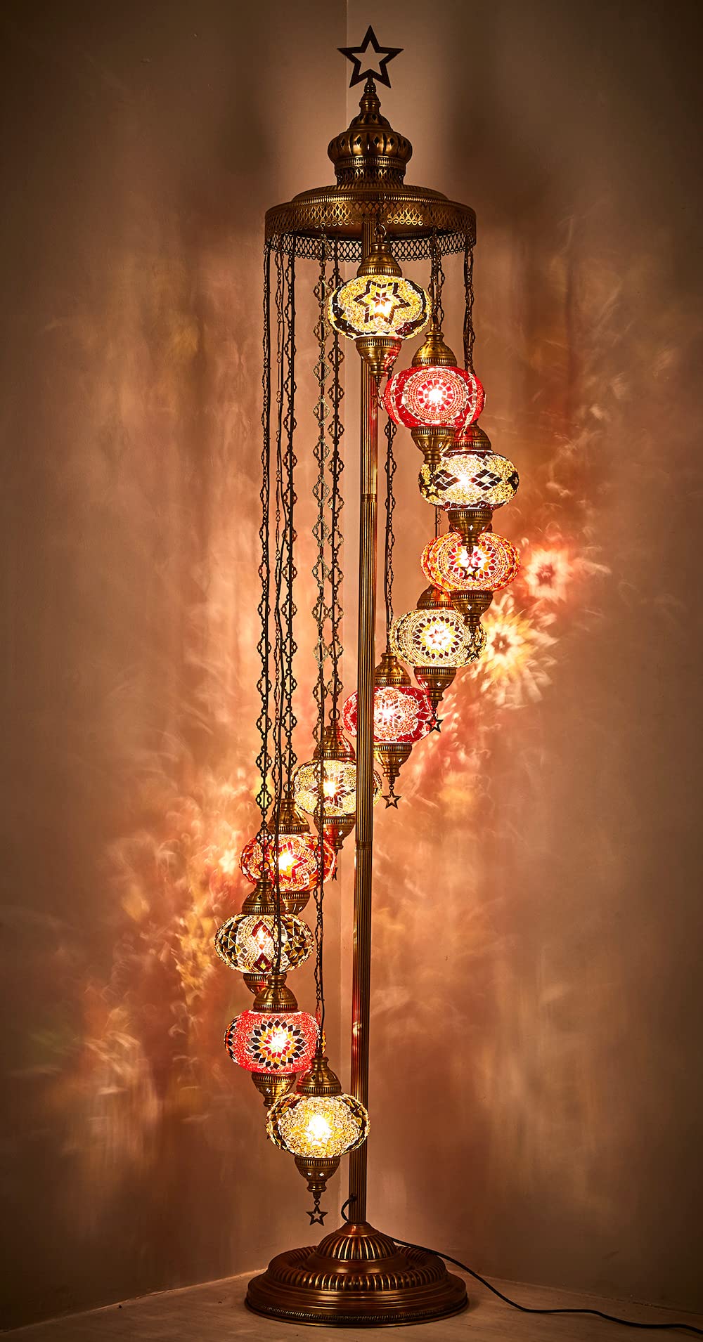 DEMMEX 11 Globe Turkish Floor Lamp - 7ft Tall Moroccan Mosaic Standing Lamp, Handmade Tiffany-Style Decorative Lighting for Bedroom & Living Room - Red-Brown Finish | Perfect for Boho Home Decor, Cozy Reading Nook & Ambient Living Space Lighting