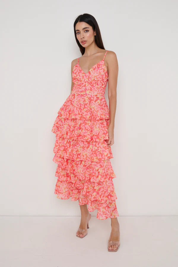 LISSY Ruffle Midi Dress for Women - Floral Print, Orange & Pink, Summer Casual & Party Wear - Perfect for Beach, Vacation, and Date Nights