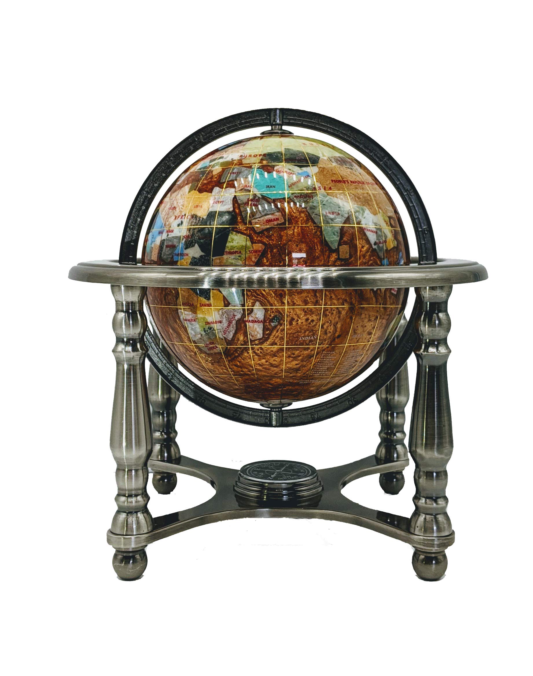 10-Inch Amber Pearl Swirl Ocean Gemstone World Globe with Silver Zinc Alloy Stand - Unique Art Tabletop Decor for Home, Office & Gift Giving
