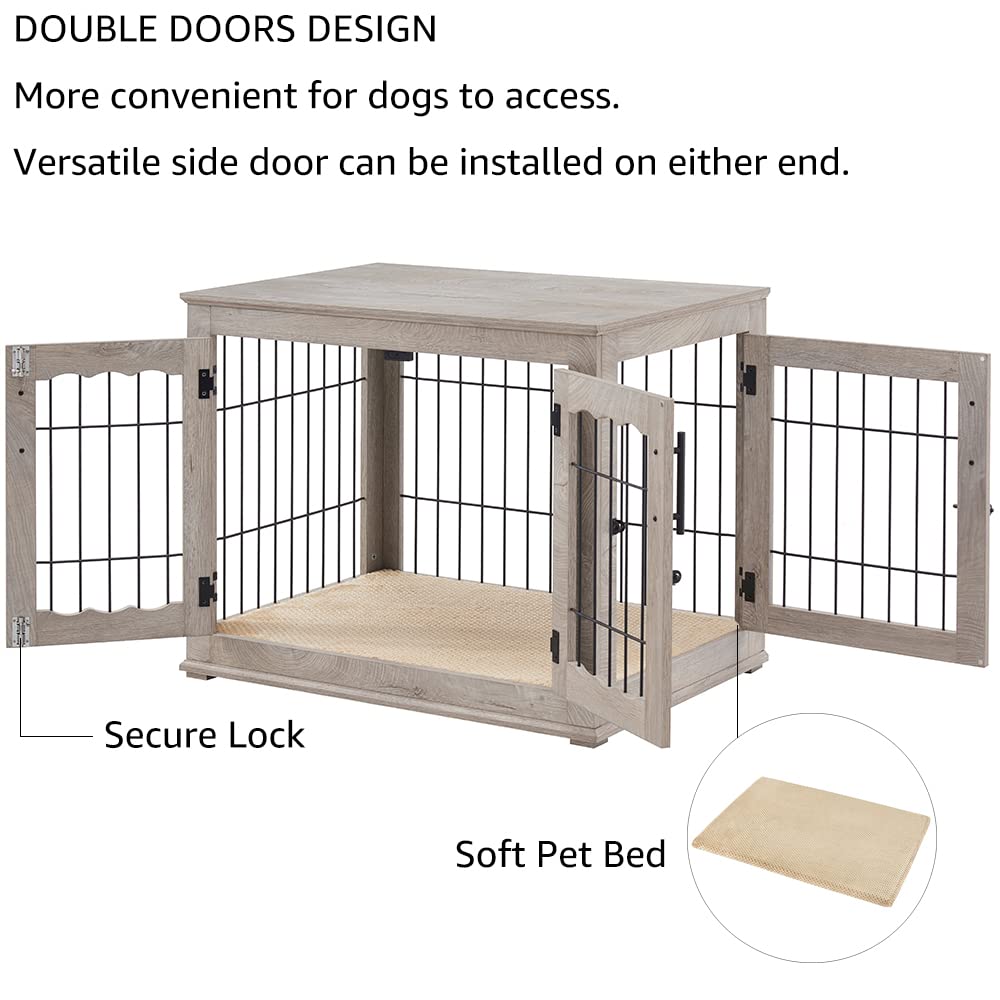 BeeNbkks Double Door Wooden Dog Crate End Table - Stylish Wire Kennel with Removable Pet Bed for Medium & Large Dogs | Indoor Decorative Dog House for Living Room, Bedroom & Home Office