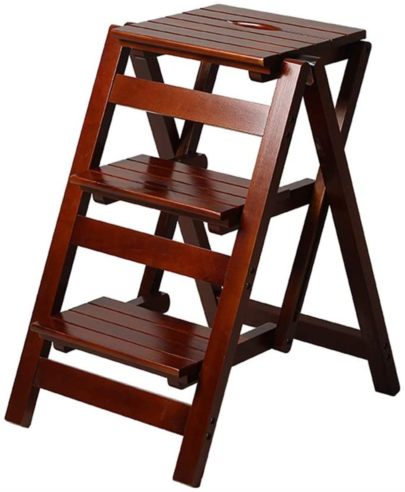Solid Wood Stepladder - Multifunctional 3-Step Folding Ladder Chair for Home, Kitchen & Garage | Cherry Color | Sturdy & Space-Saving Step Stool for Indoor Use