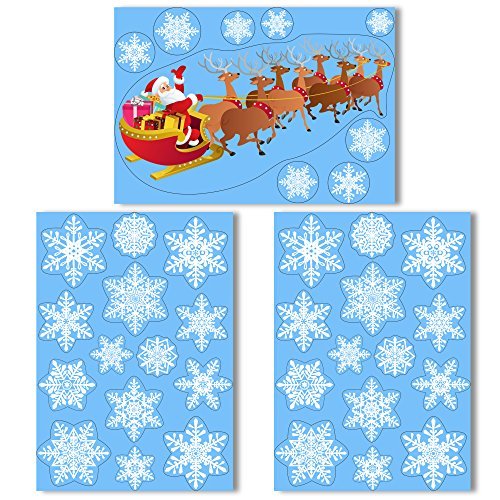Santa on Sleigh Window Cling with 36 Snowflake Stickers - Easy Christmas Decorations - Glueless Vinyl Decals for Windows, Doors & Glass - Holiday Home Decor & Party Supplies