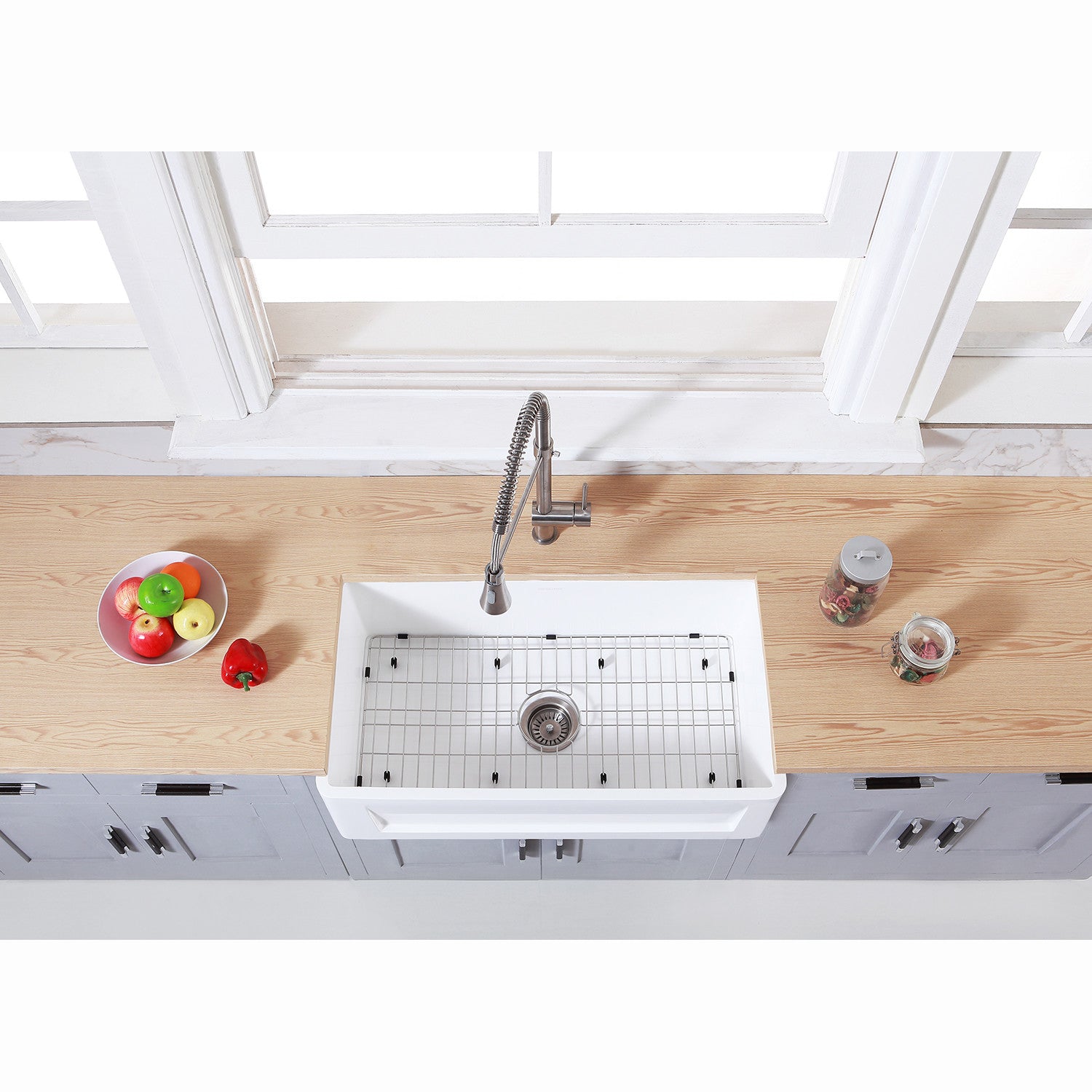 33 Inch White Farmhouse Kitchen Sink - Matte Solid Surface Apron Front Single Bowl with Strainer & Grid | Perfect for Rustic & Modern Kitchens, DIY Home Renovation & Country Style Decor
