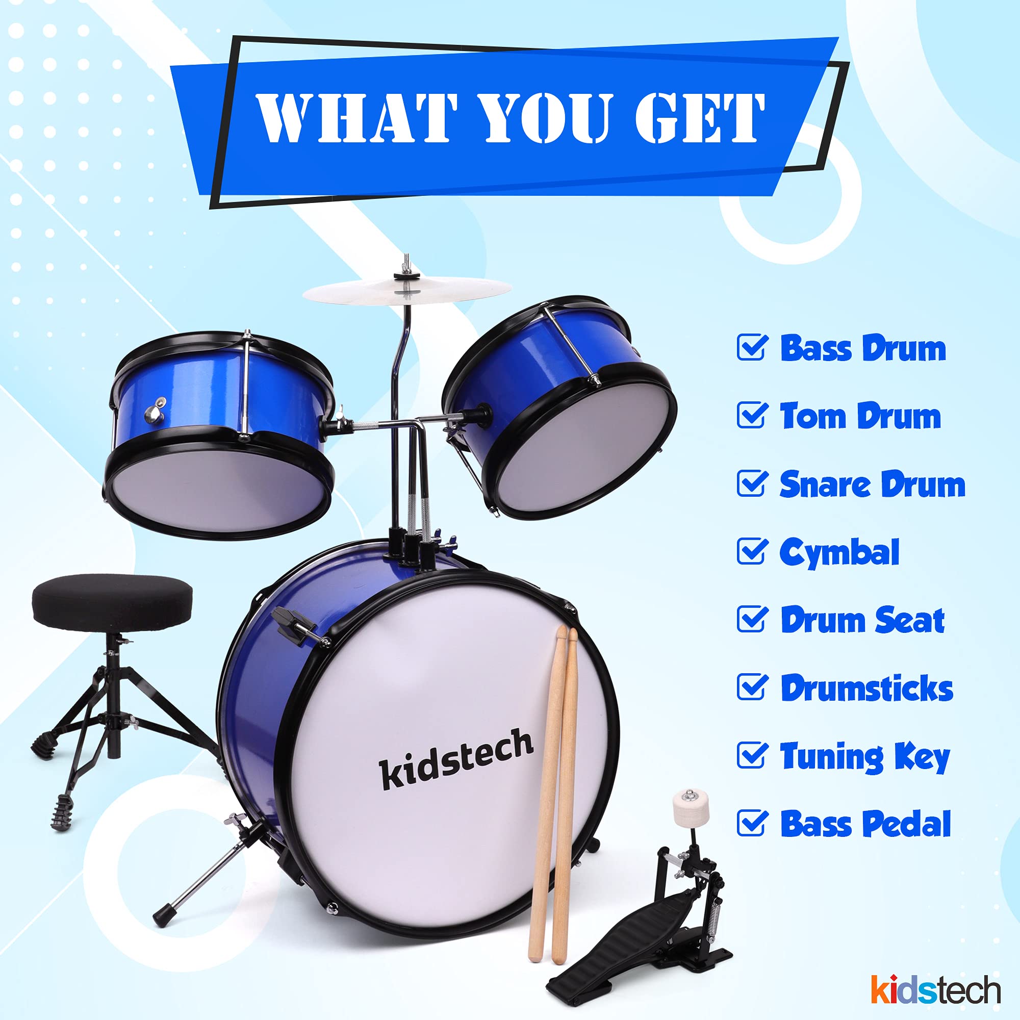 **Kidstech 5-Piece Junior & Adult Drum Set with Microphone, Drumsticks & Adjustable Seat - Musical Toy for Boys, Girls Ages 3+ - Perfect for Birthday Gifts, Home Play & Early Music Education (Large Size)**